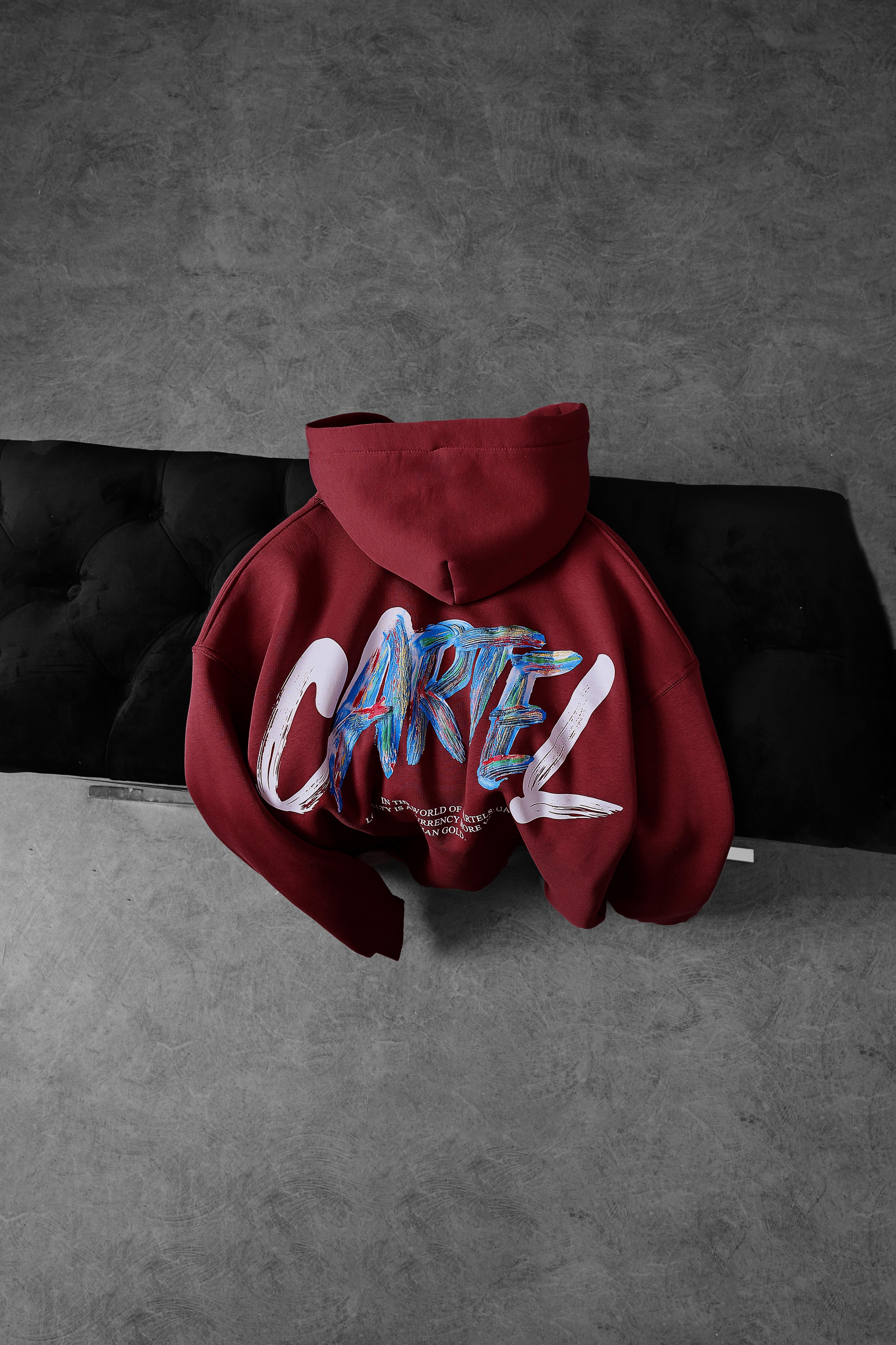 Erkek Bordo Cartel Kabartma Baskılı Kapüşonlu Oversize Sweatshirt