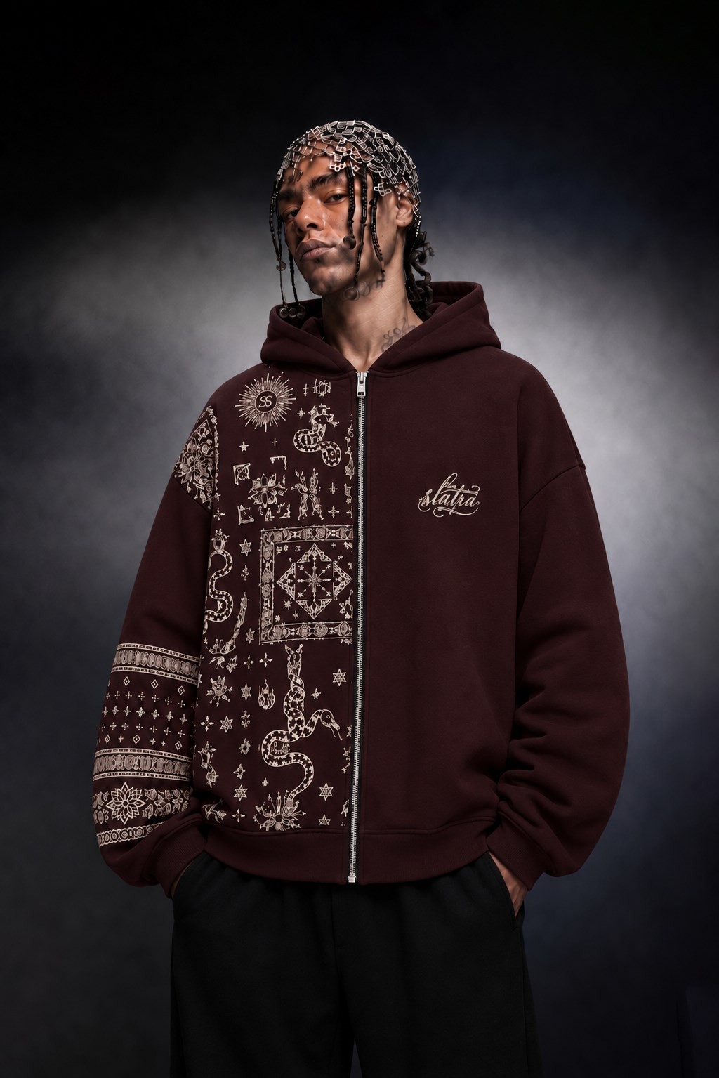 Erkek Bordo Codex Oversize Full Zip Hoodie