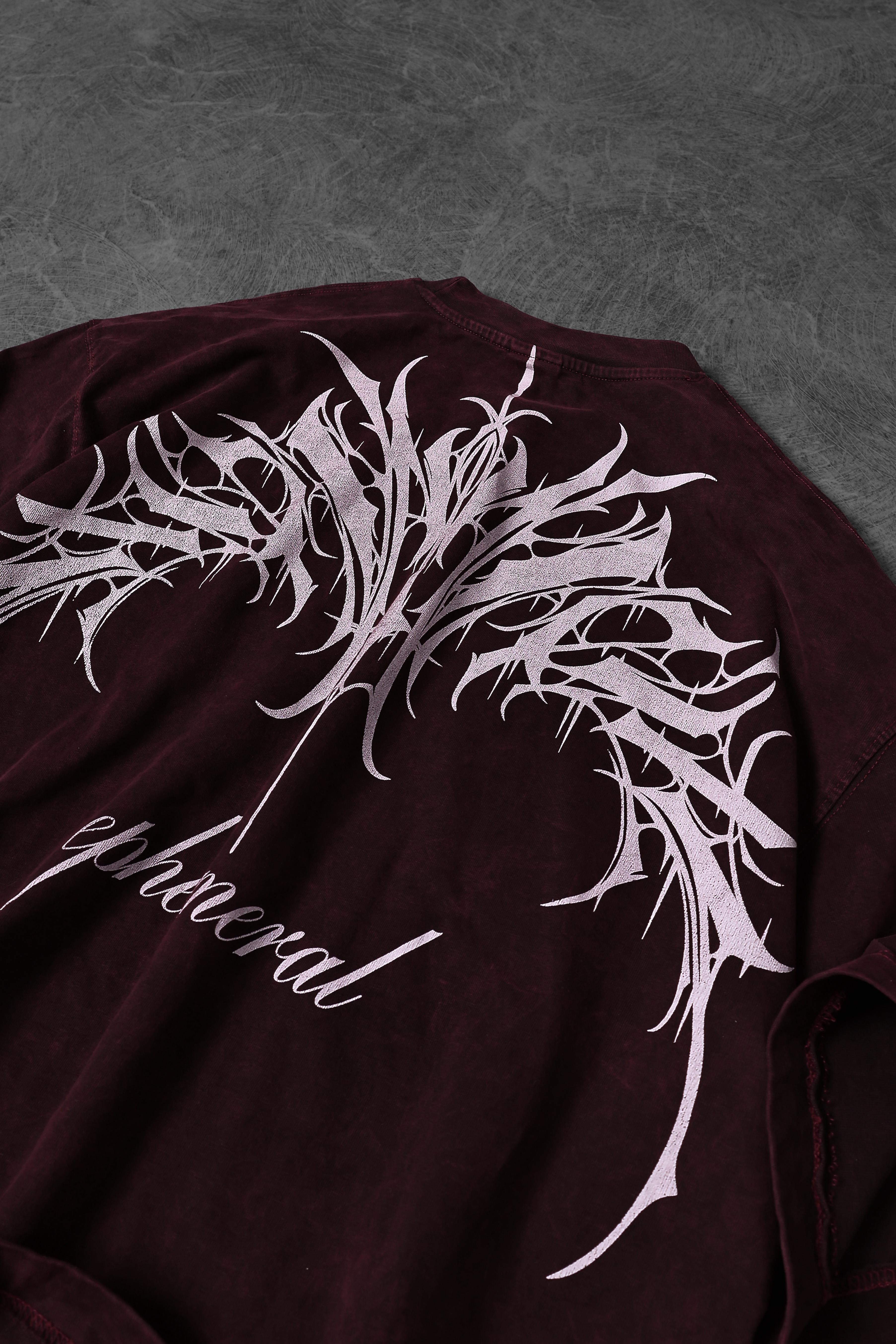 Erkek Bordo Ephemeral Baskılı Özel Yıkamalı Kumaş Oversize Tshirt