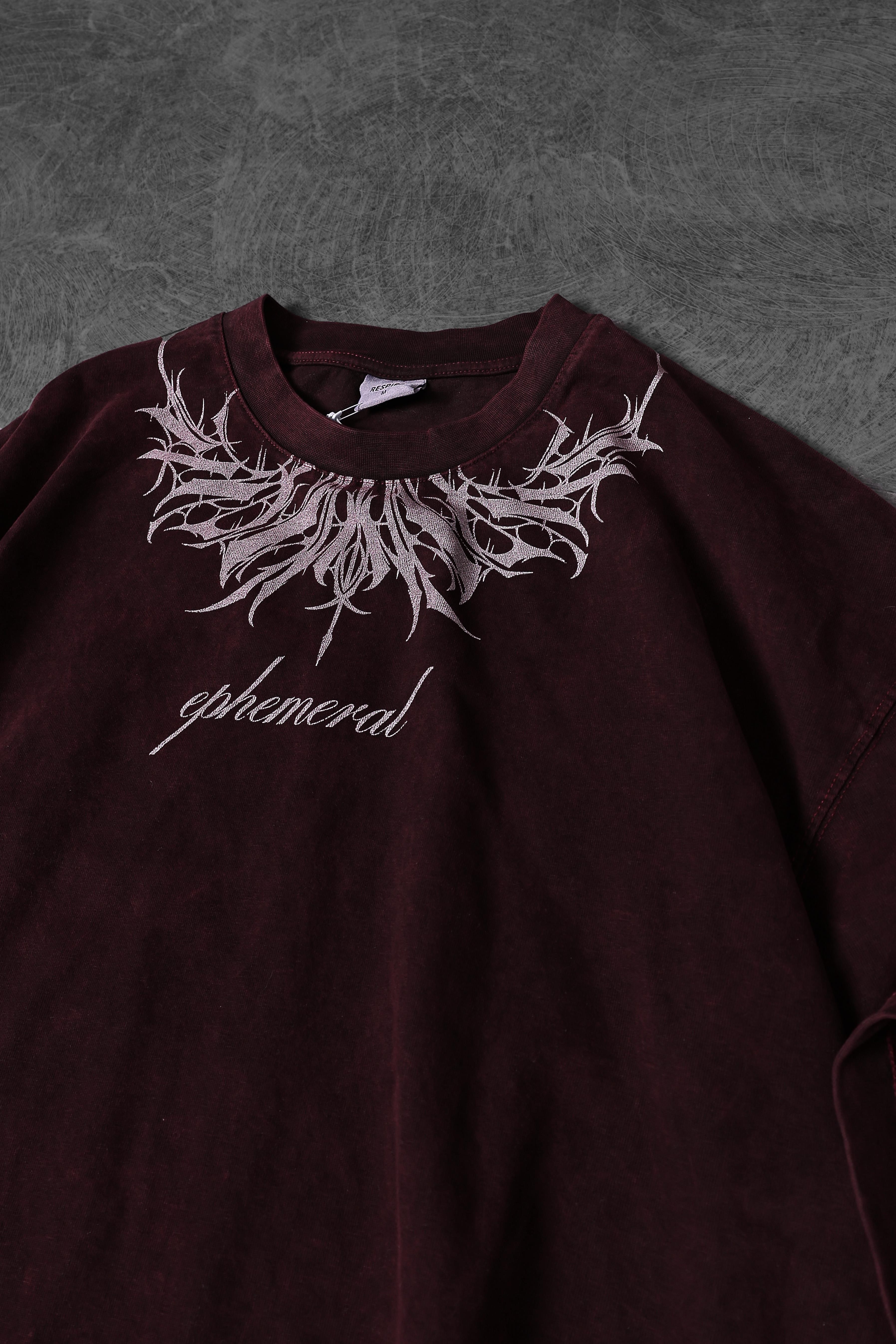 Erkek Bordo Ephemeral Baskılı Özel Yıkamalı Kumaş Oversize Tshirt