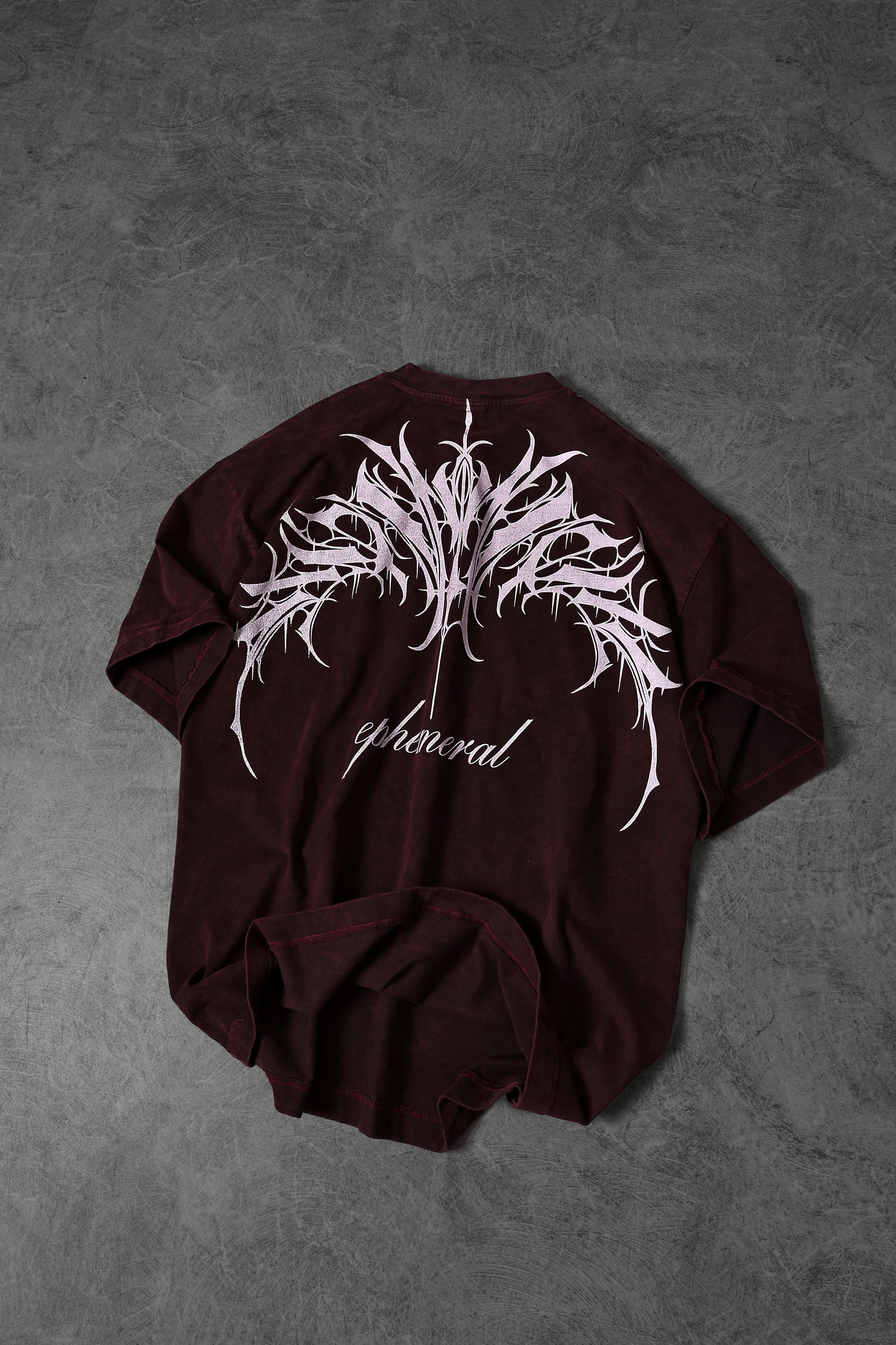 Erkek Bordo Ephemeral Baskılı Özel Yıkamalı Kumaş Oversize Tshirt