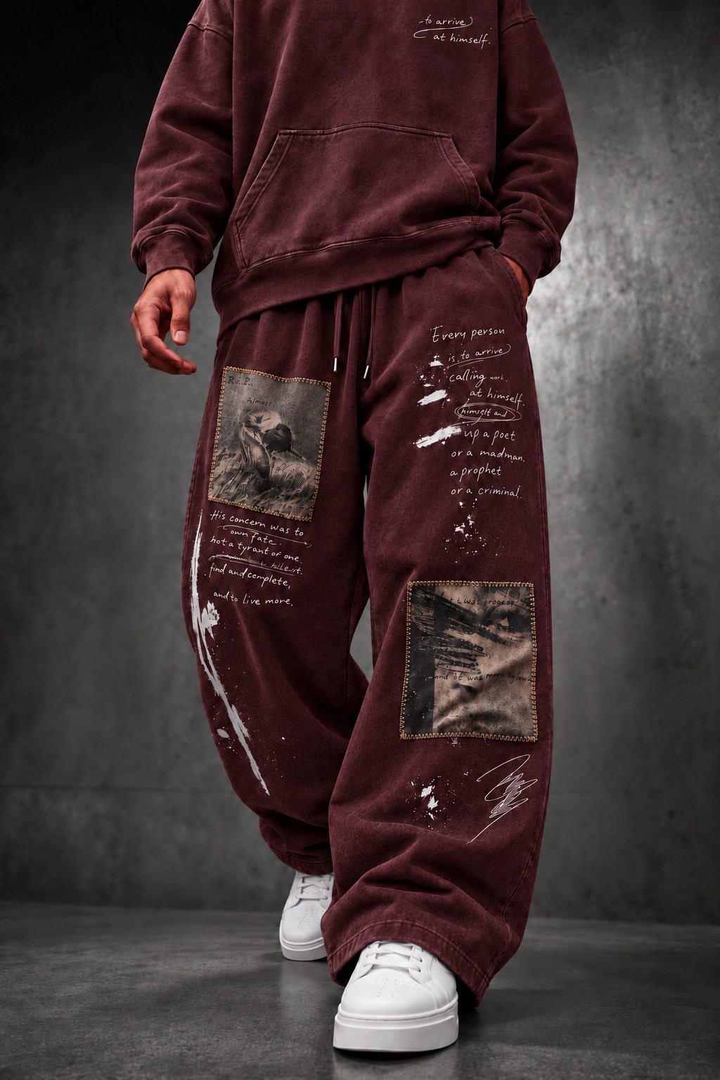 Erkek Bordo Himself Patch Özel Yıkamalı Baggy Eşofman