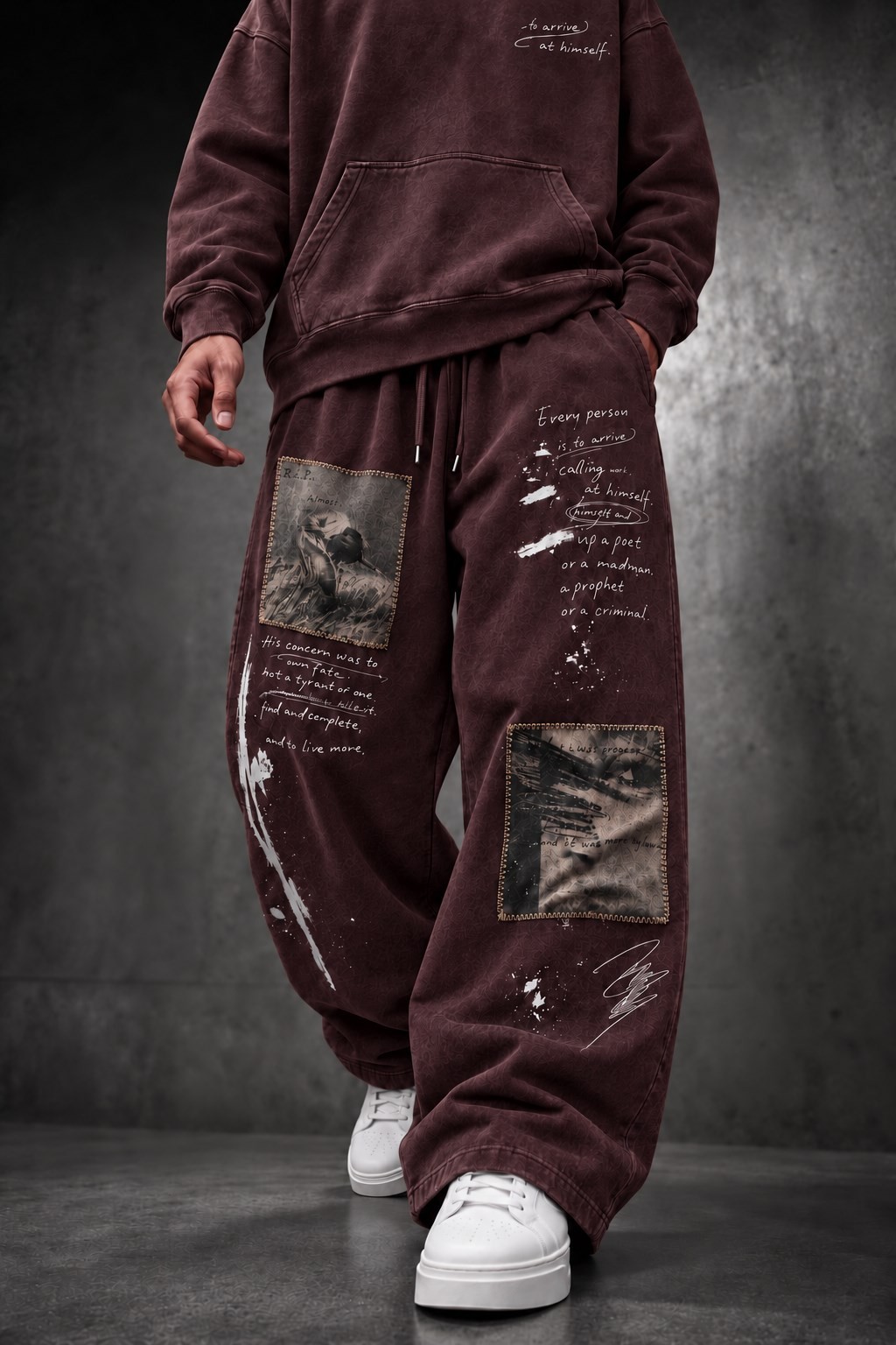 Erkek Bordo Himself Patch Özel Yıkamalı Baggy Eşofman