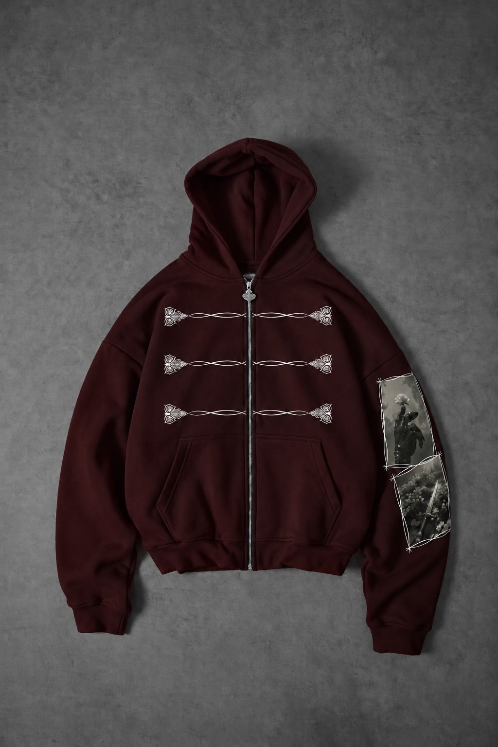Erkek Bordo Knight Oversize Full Zip Hoodie