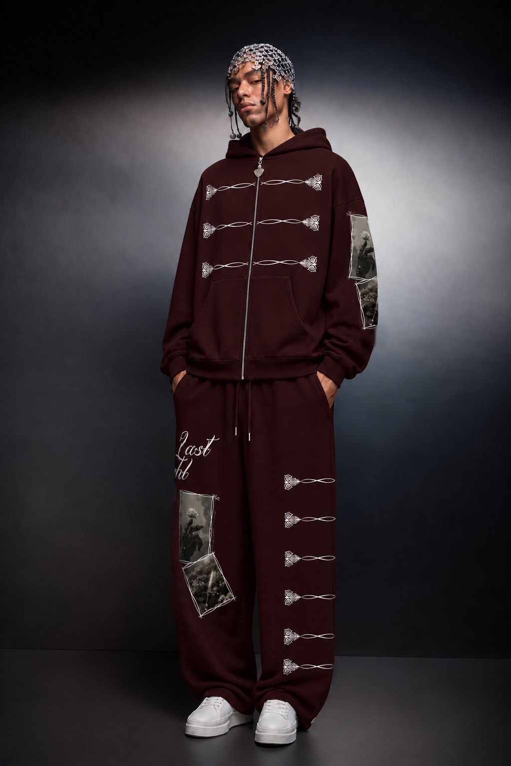 Erkek Bordo Knight Oversize Full Zip Hoodie