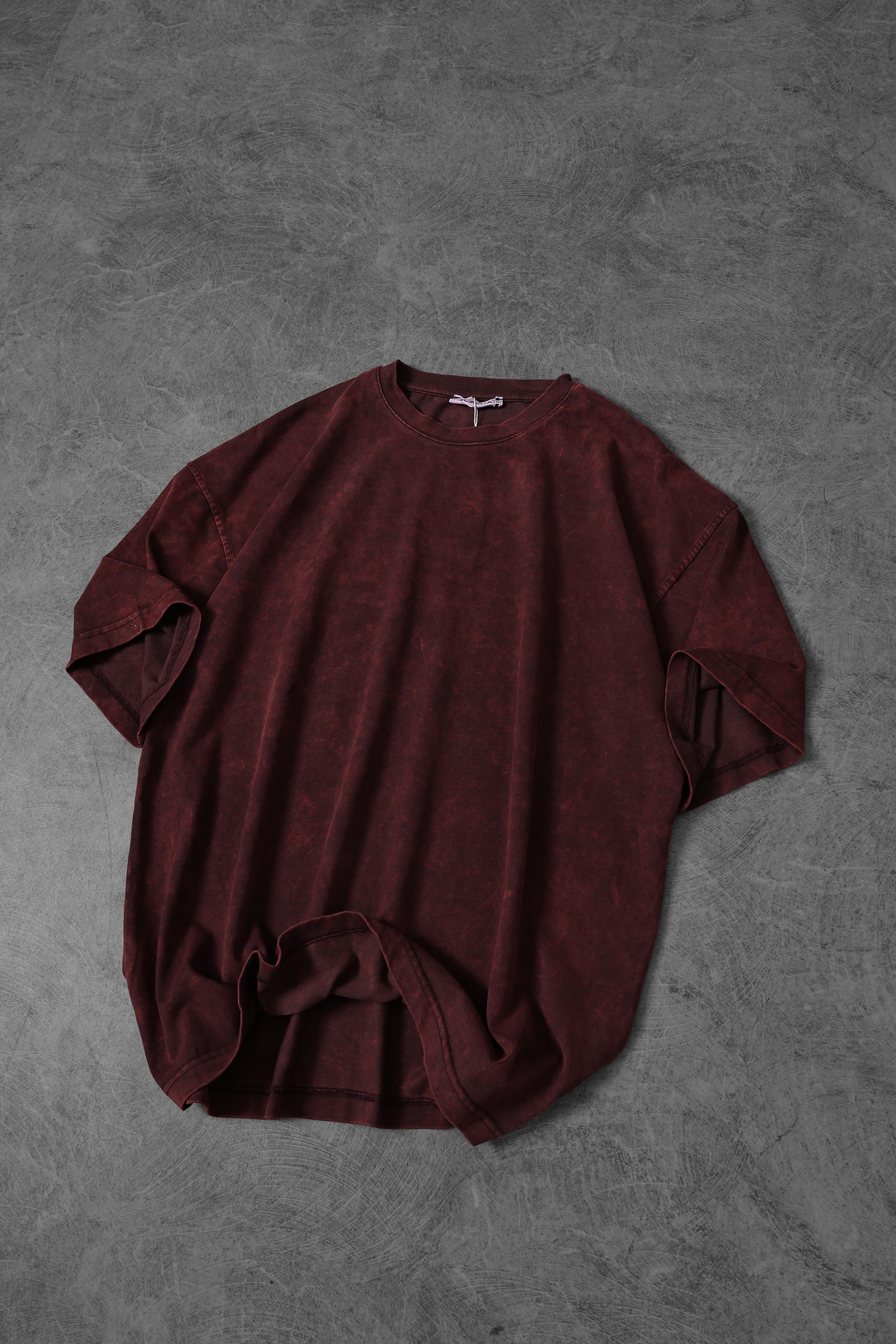 Erkek Bordo Özel Yıkamalı Kumaş Oversize Tshirt