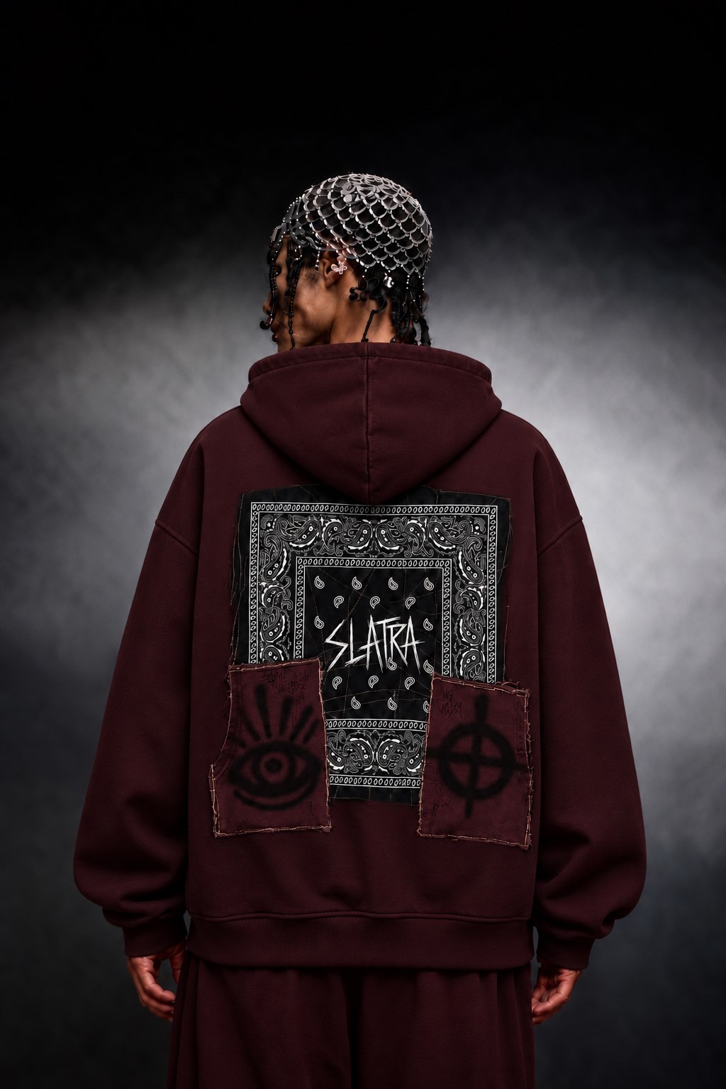 Erkek Bordo Relic Patch Detay Oversize Hoodie