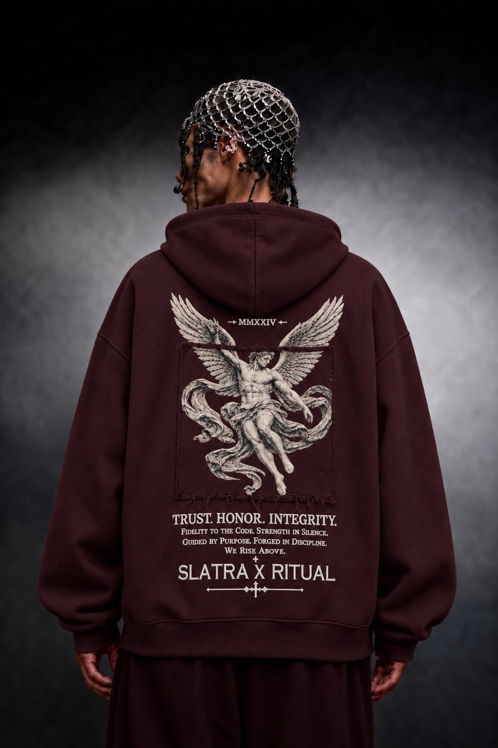 Erkek Bordo Ritual Patch Oversize Hoodie