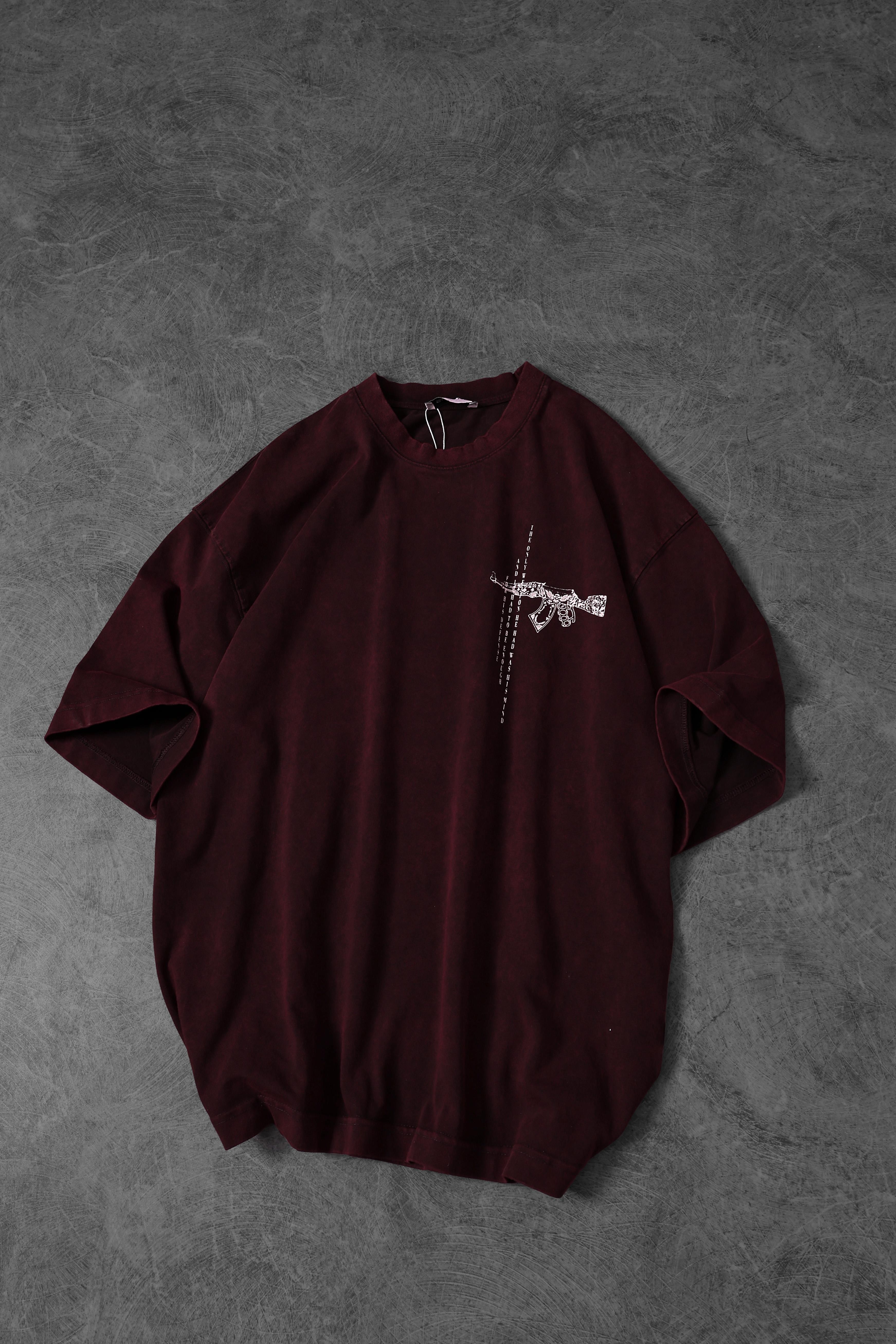 Erkek Bordo S47 Özel Yıkamalı Kumaş Oversize Tshirt