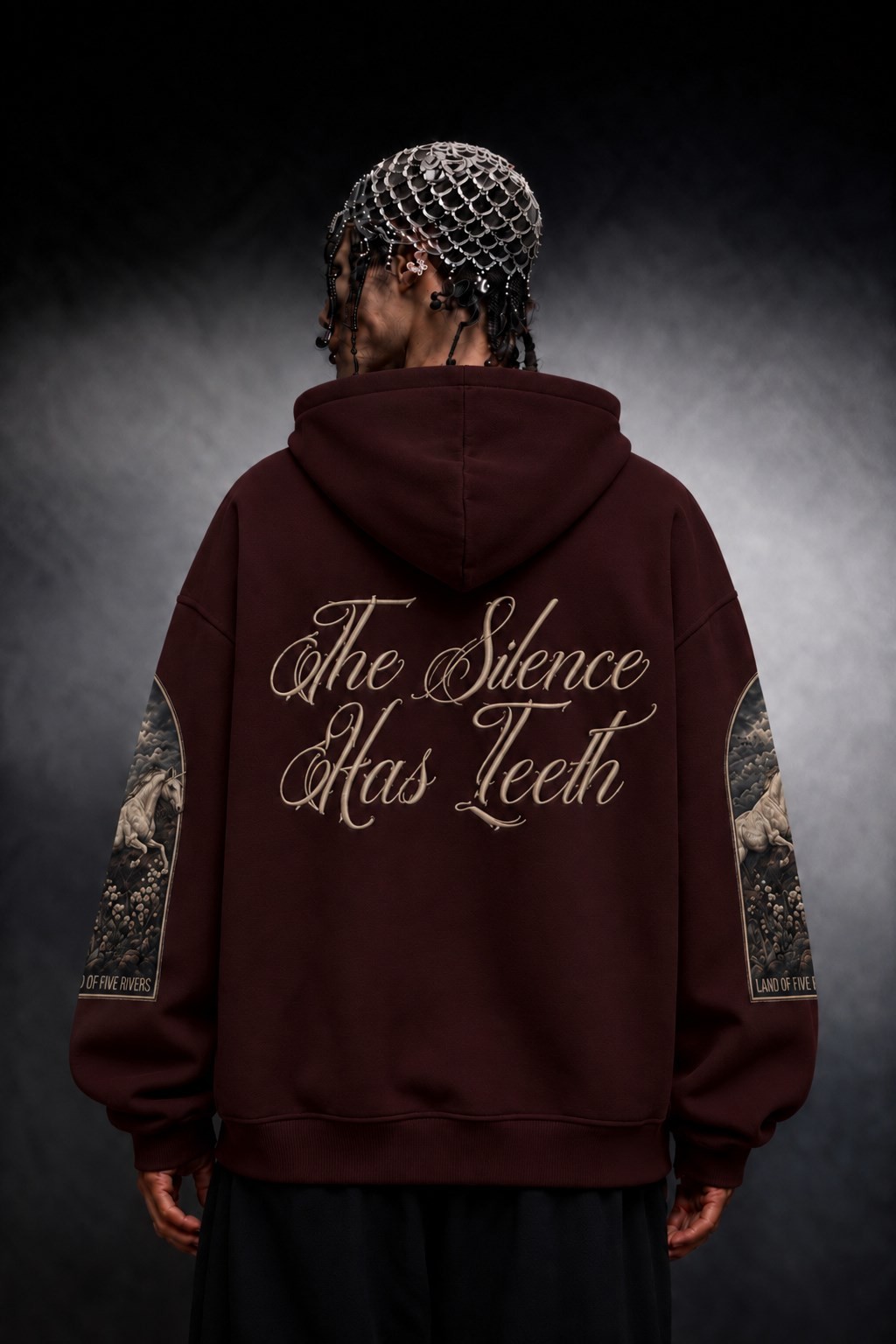 Erkek Bordo Silence Patch Nakış Oversize Hoodie