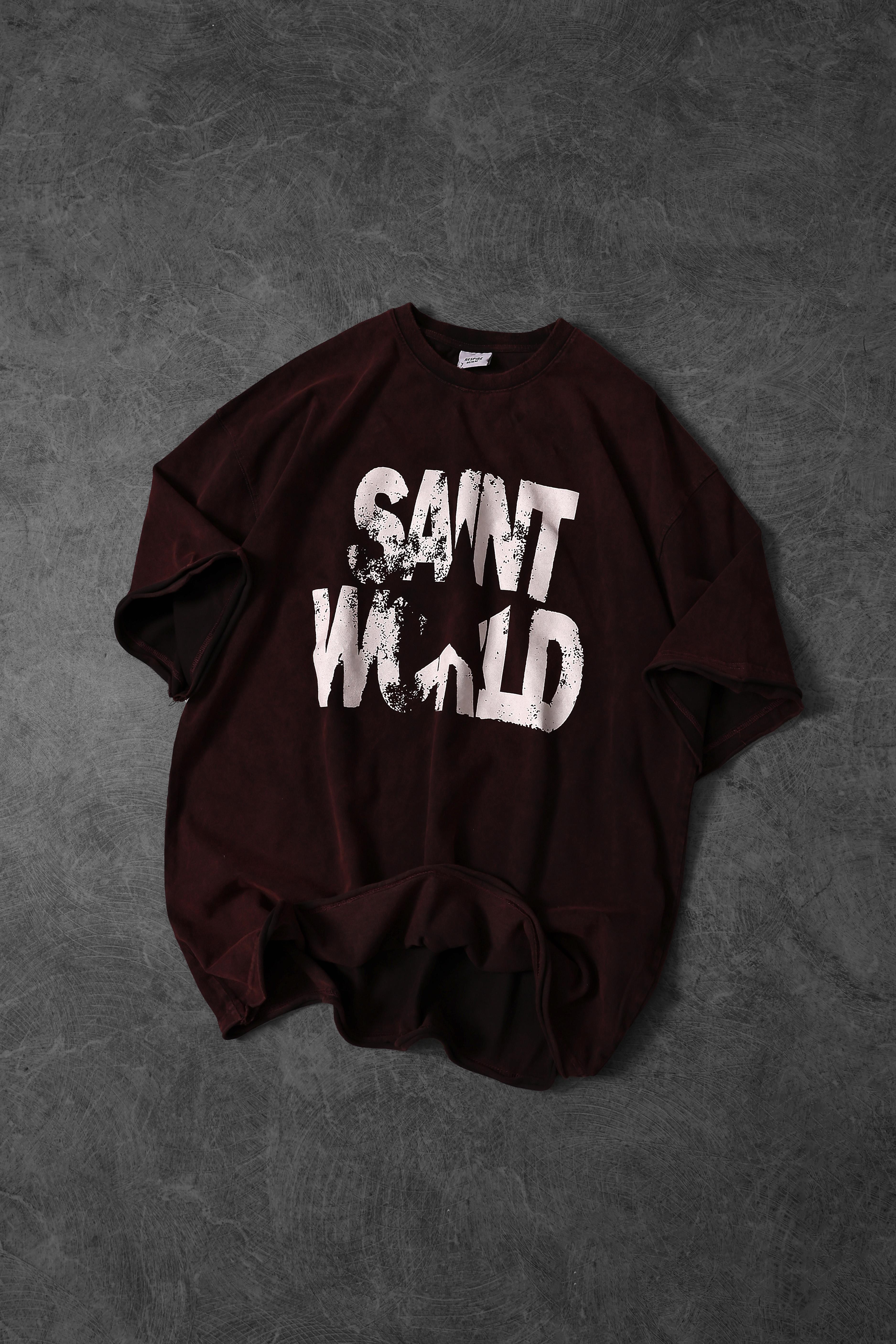 Erkek Bordo Star Özel Yıkamalı Kumaş Oversize Tshirt