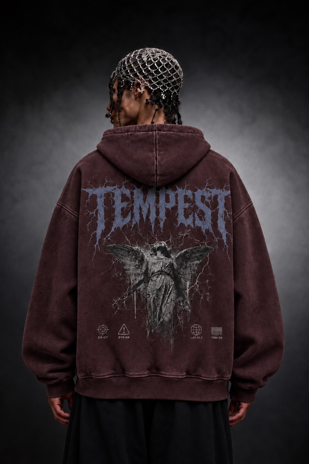 Erkek Bordo Tempest Özel Yıkamalı Oversize Hoodie
