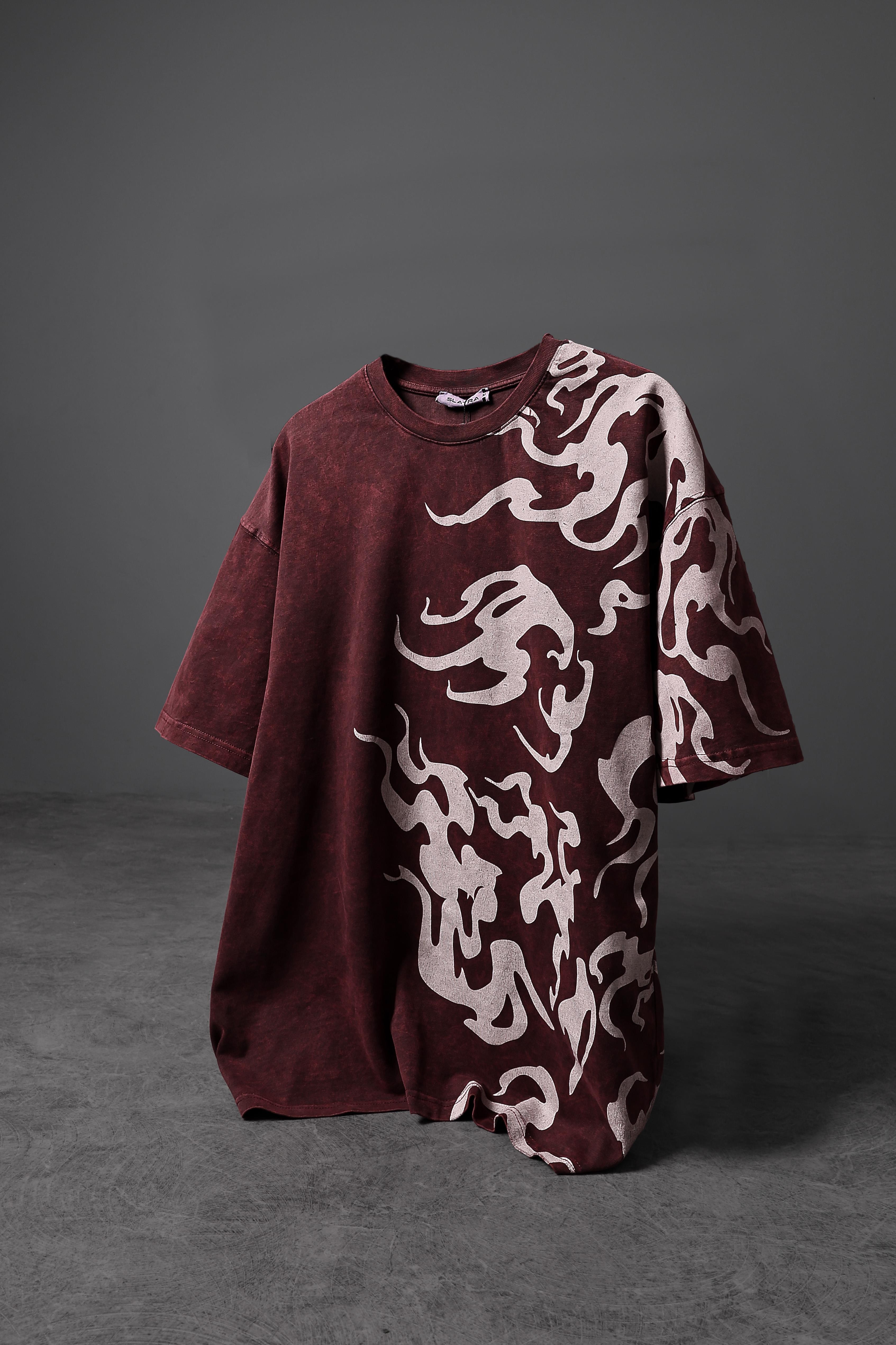 Erkek Bordo Yazılı Yan Baskı Özel Yıkamalı Kumaş Oversize Tshirt