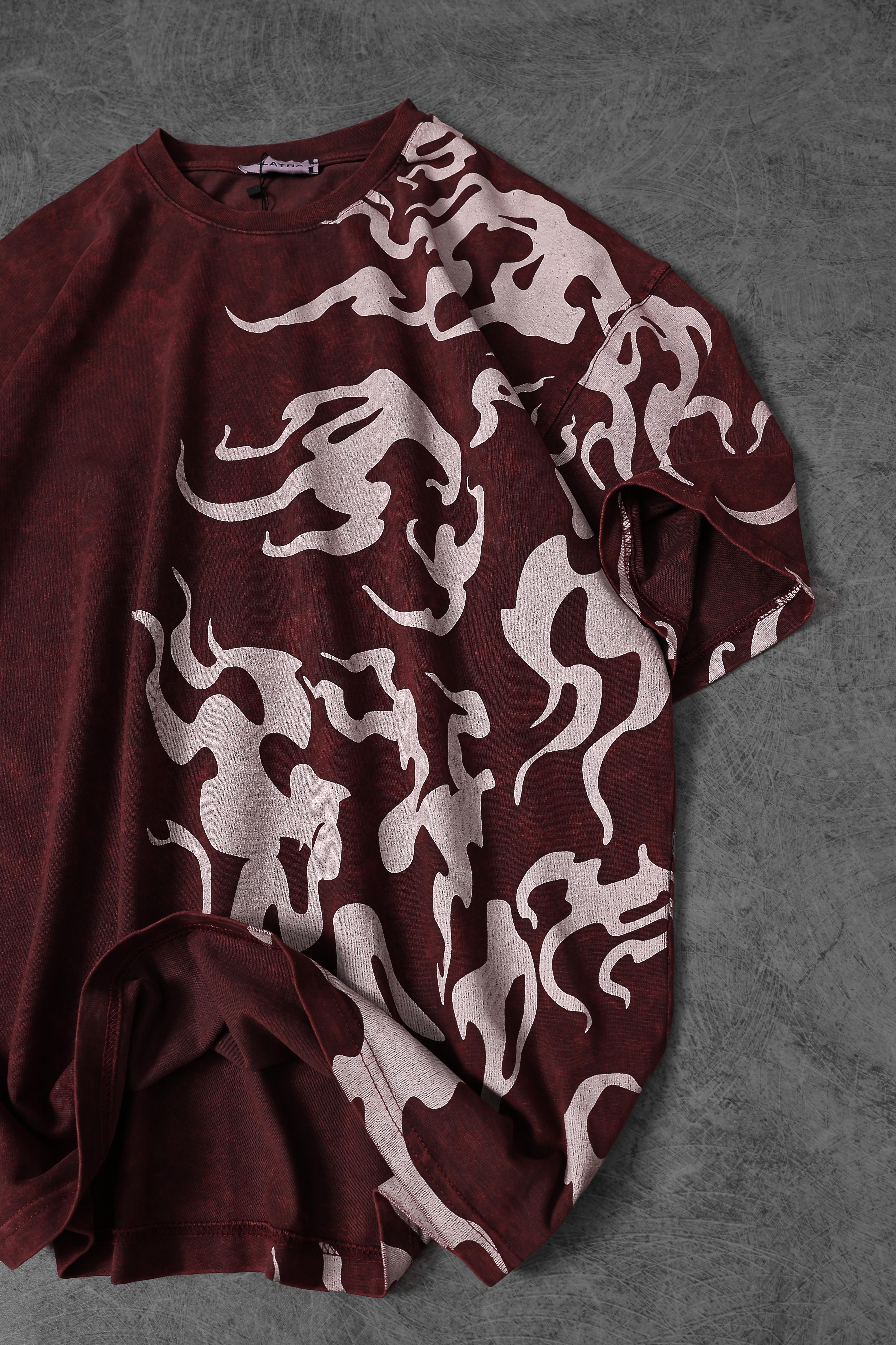 Erkek Bordo Yazılı Yan Baskı Özel Yıkamalı Kumaş Oversize Tshirt