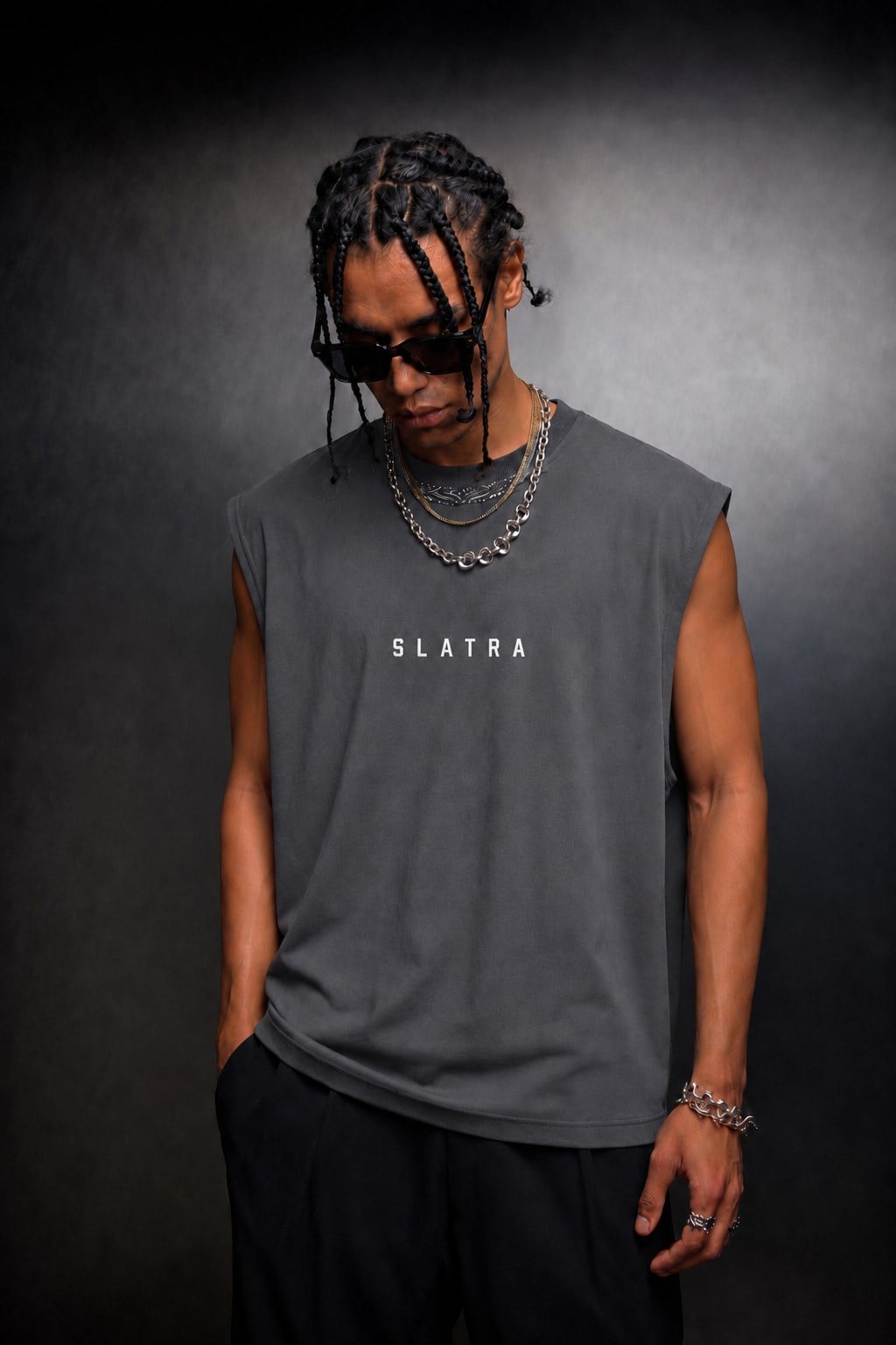 Erkek Füme Basic Sıfır Kol Oversize Tshirt
