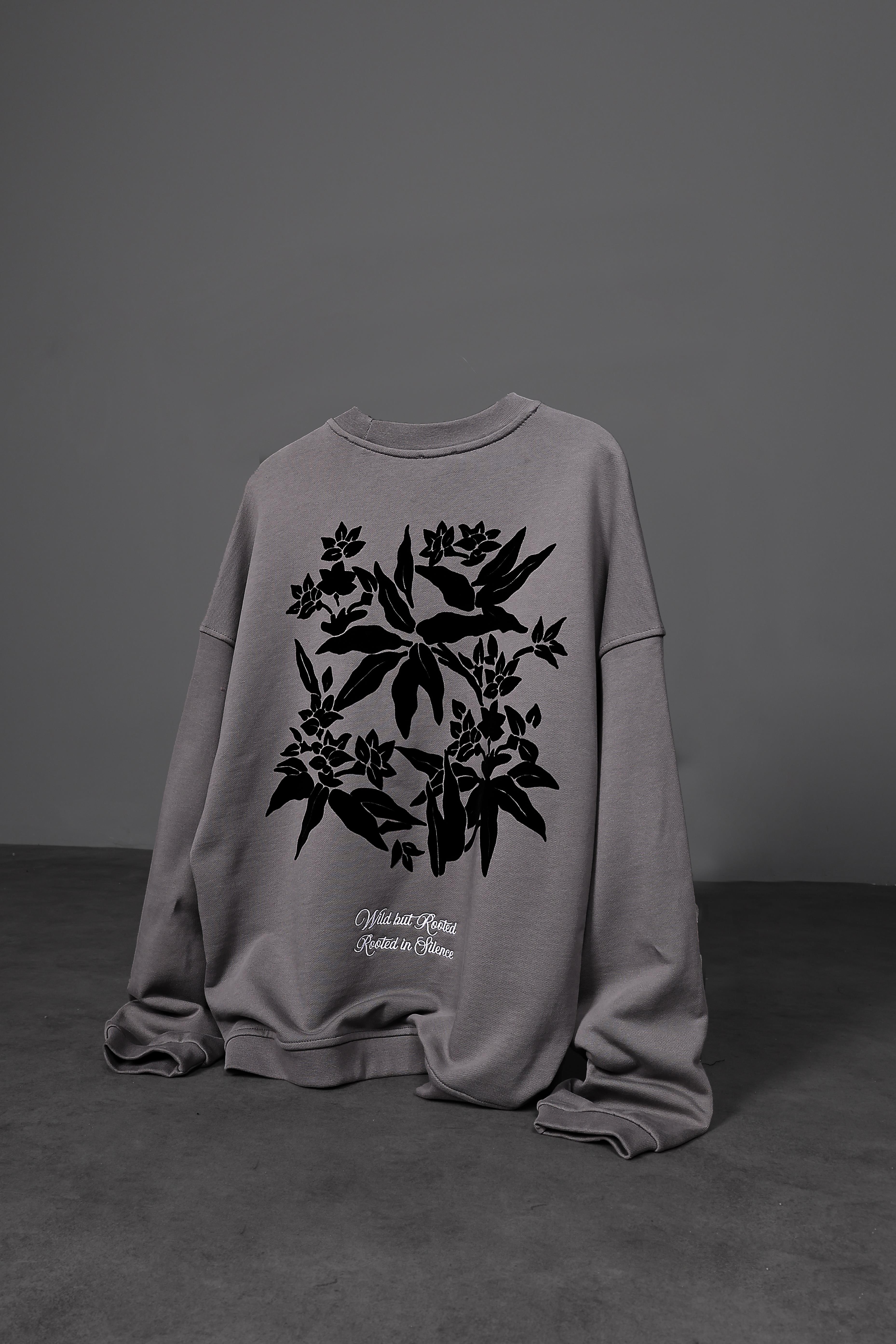 Erkek Füme Flowers Flok Baskı Oversize Sweatshirt