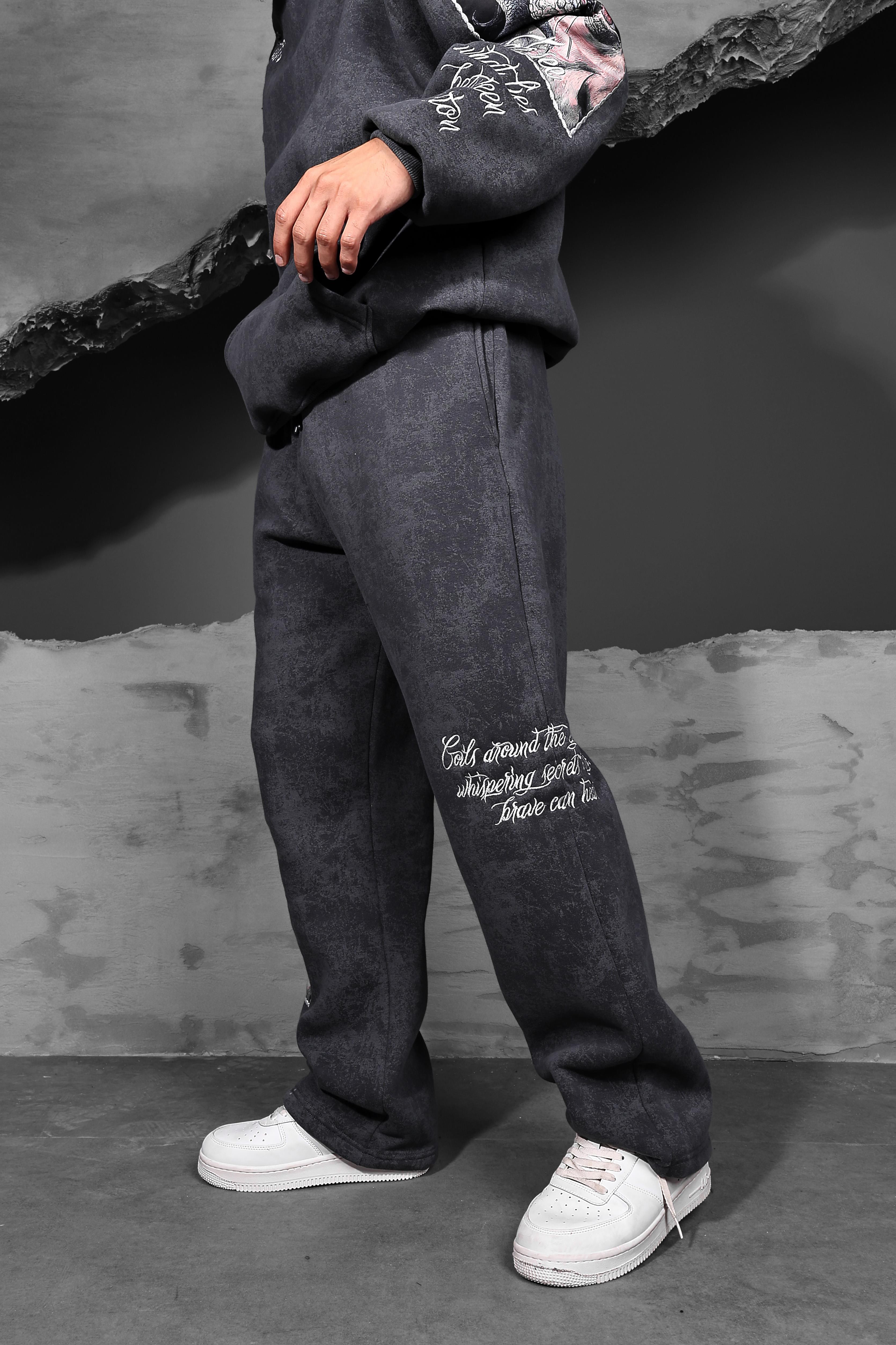 Erkek Füme İllusion Nakışlı Patchli Yıkamalı Baggy Eşofman