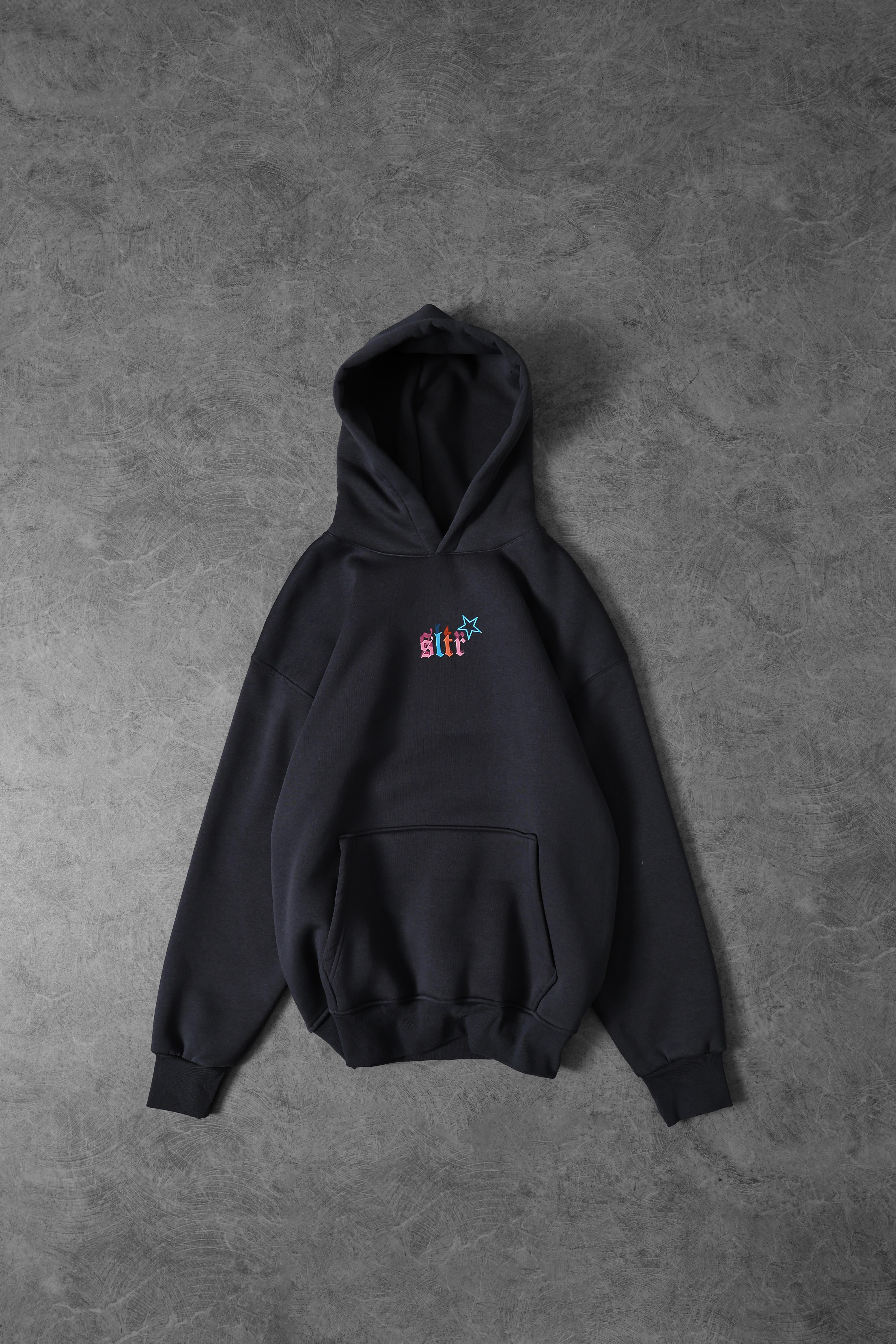 Erkek Füme Stars Kabartma Baskı Kapüşonlu Oversize Sweatshirt