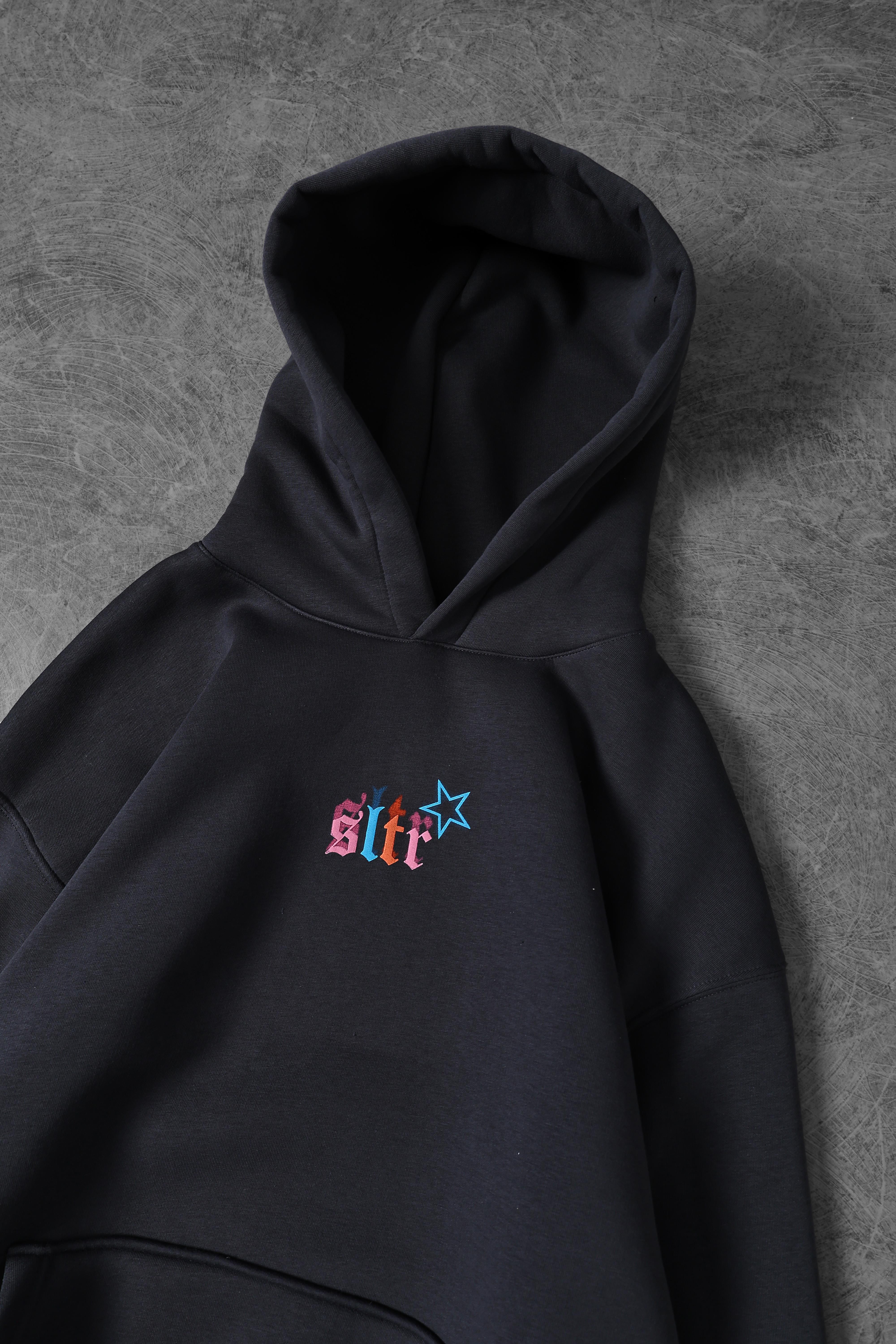 Erkek Füme Stars Kabartma Baskı Kapüşonlu Oversize Sweatshirt