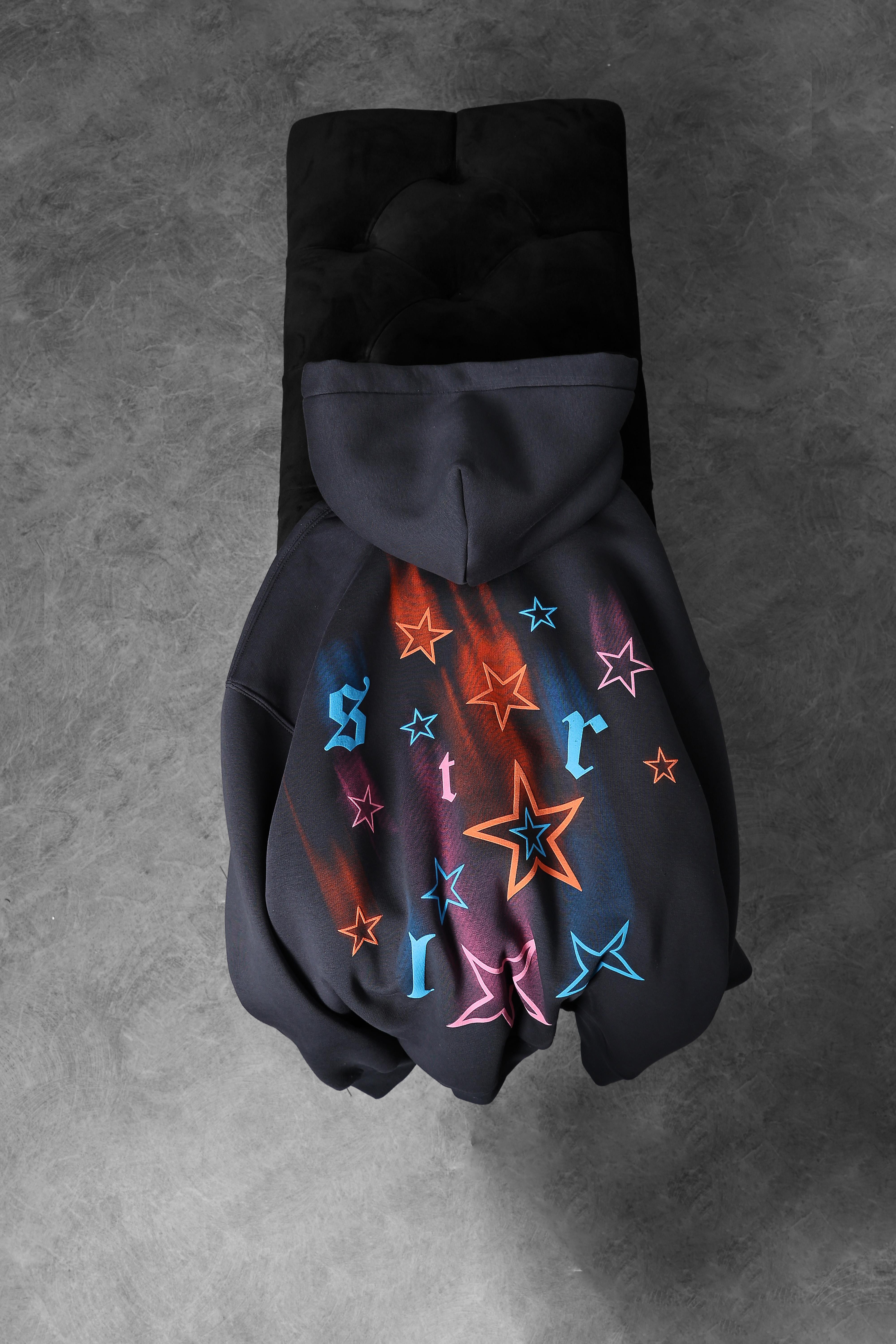 Erkek Füme Stars Kabartma Baskı Kapüşonlu Oversize Sweatshirt