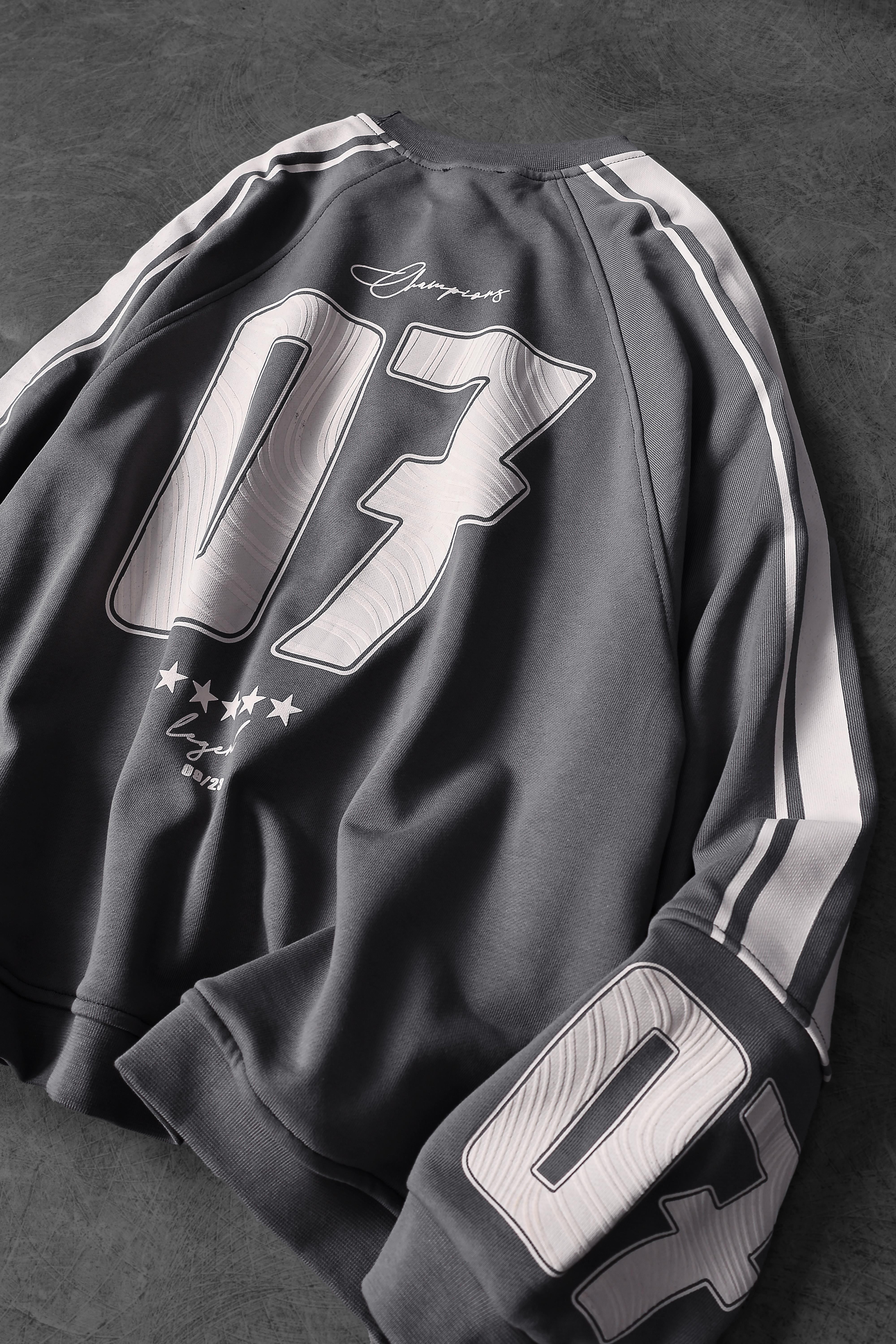 Erkek Gri 07 Champions Baskılı Oversize Sweatshirt