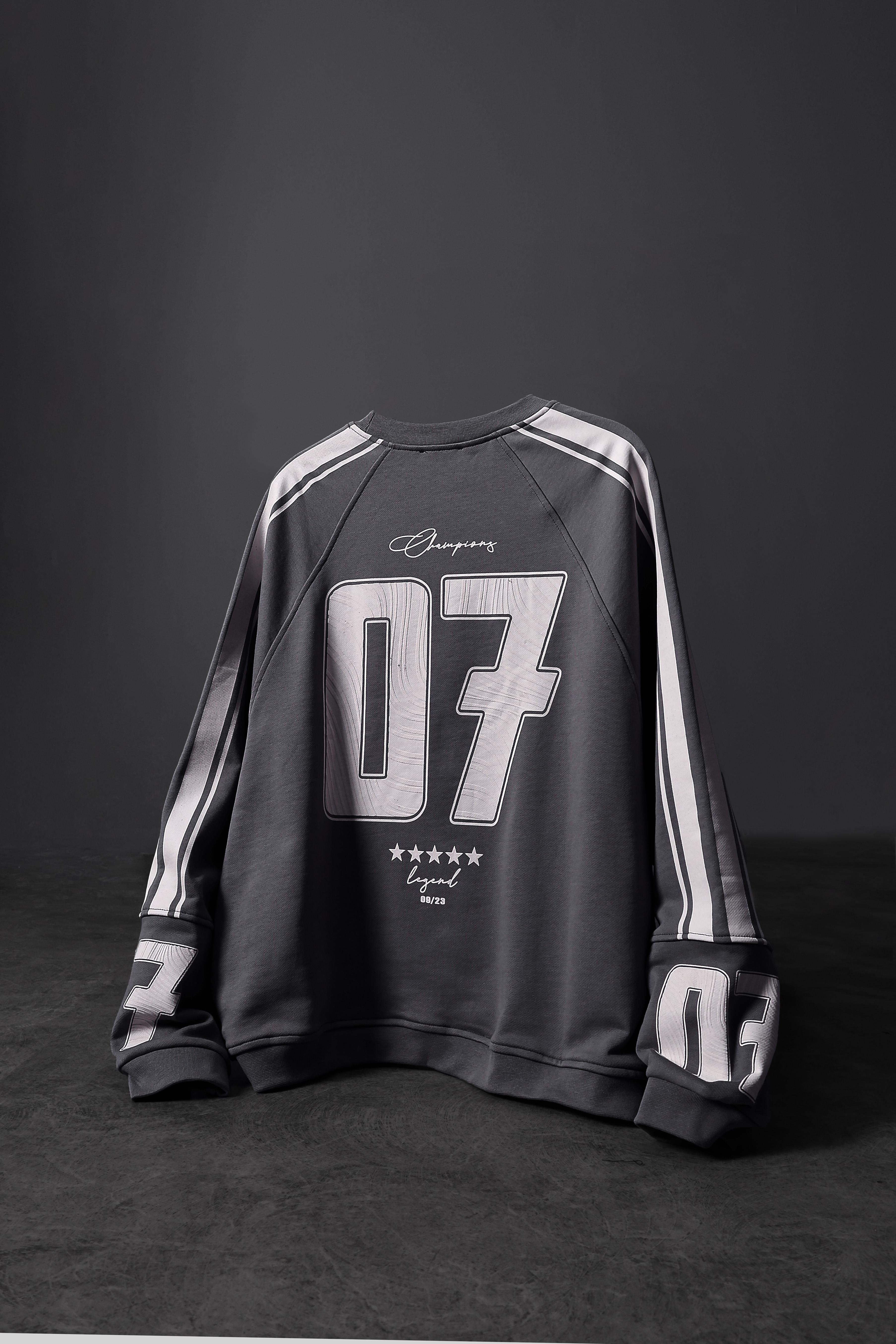 Erkek Gri 07 Champions Baskılı Oversize Sweatshirt