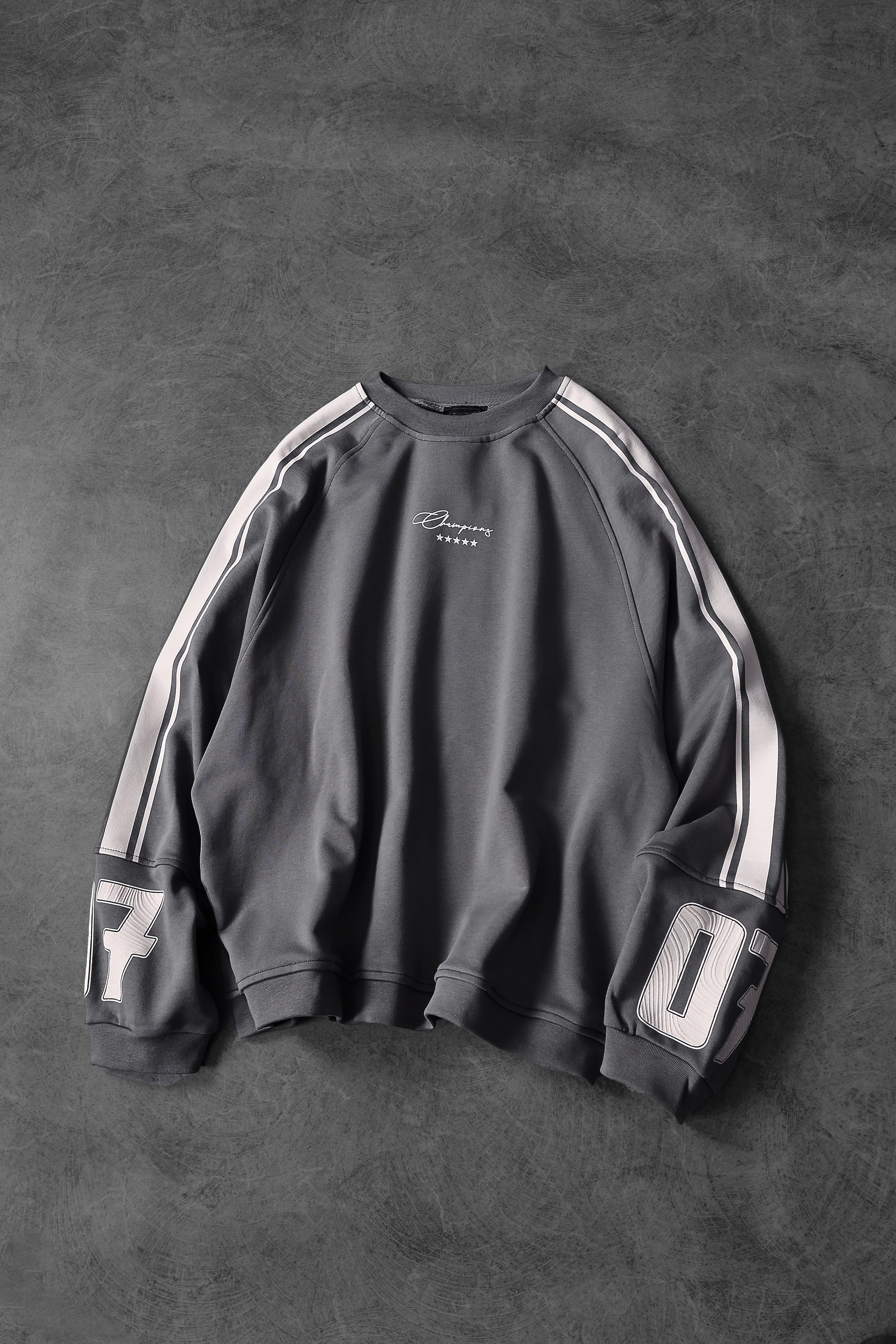 Erkek Gri 07 Champions Baskılı Oversize Sweatshirt