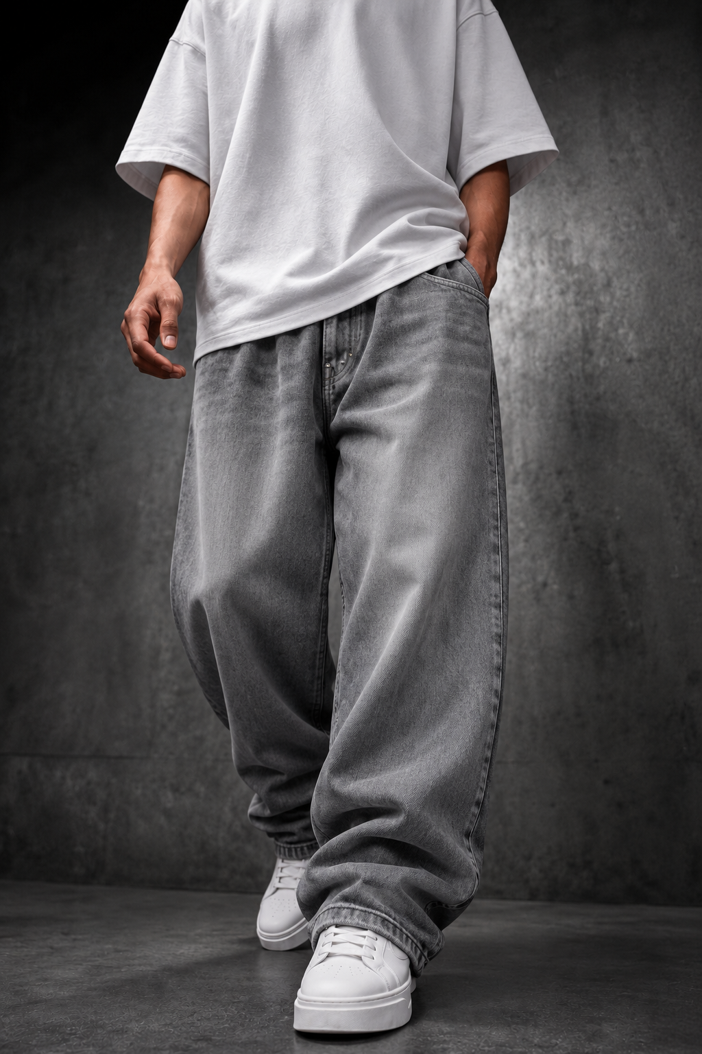 Erkek Gri Baggy Denim Pantolon