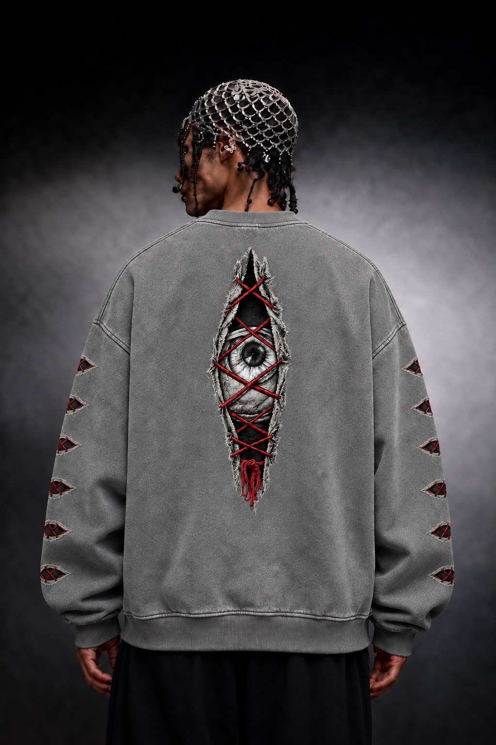 Erkek Gri Eyes Nakış Özel Yıkamalı Oversize Sweatshirt