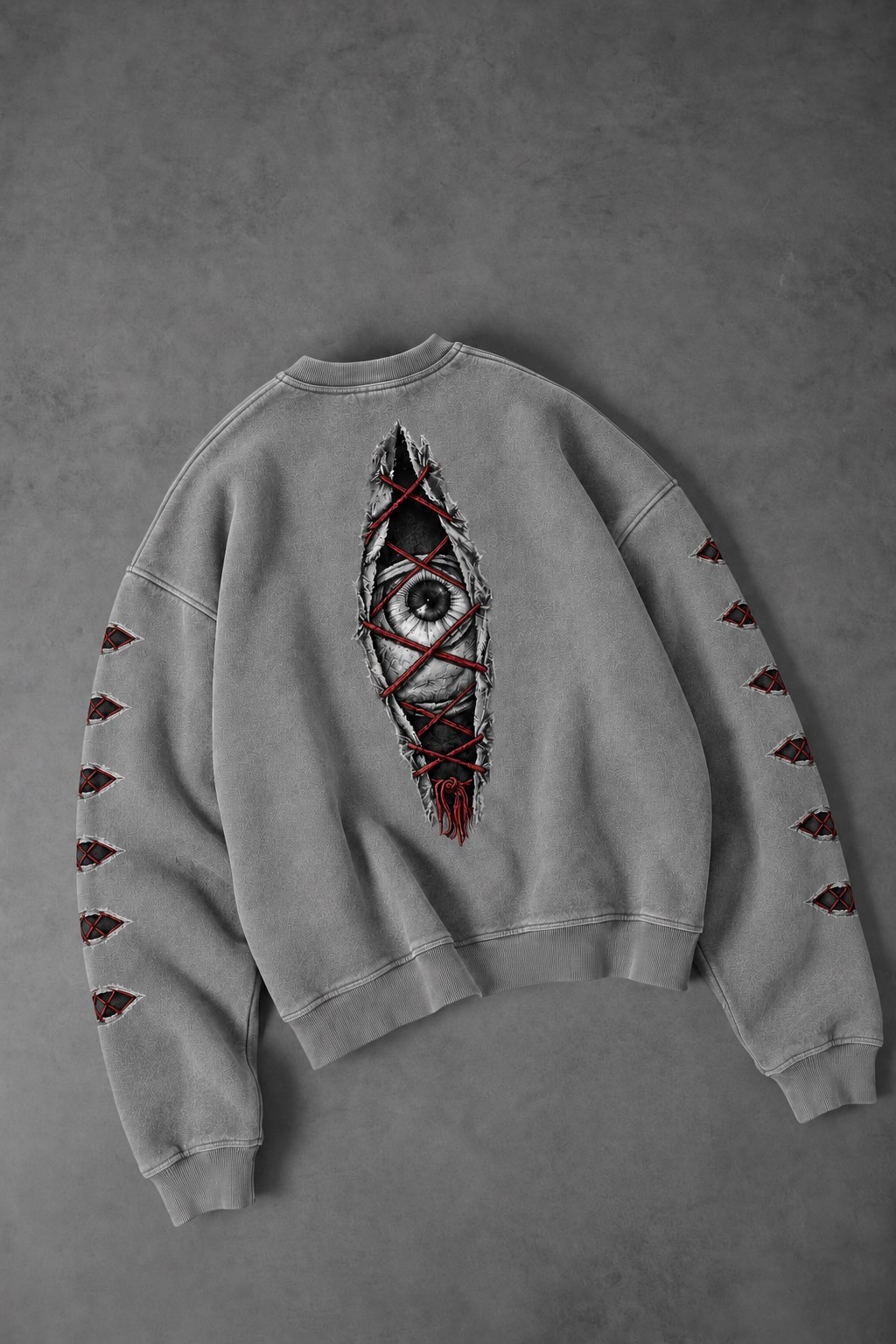 Erkek Gri Eyes Nakış Özel Yıkamalı Oversize Sweatshirt