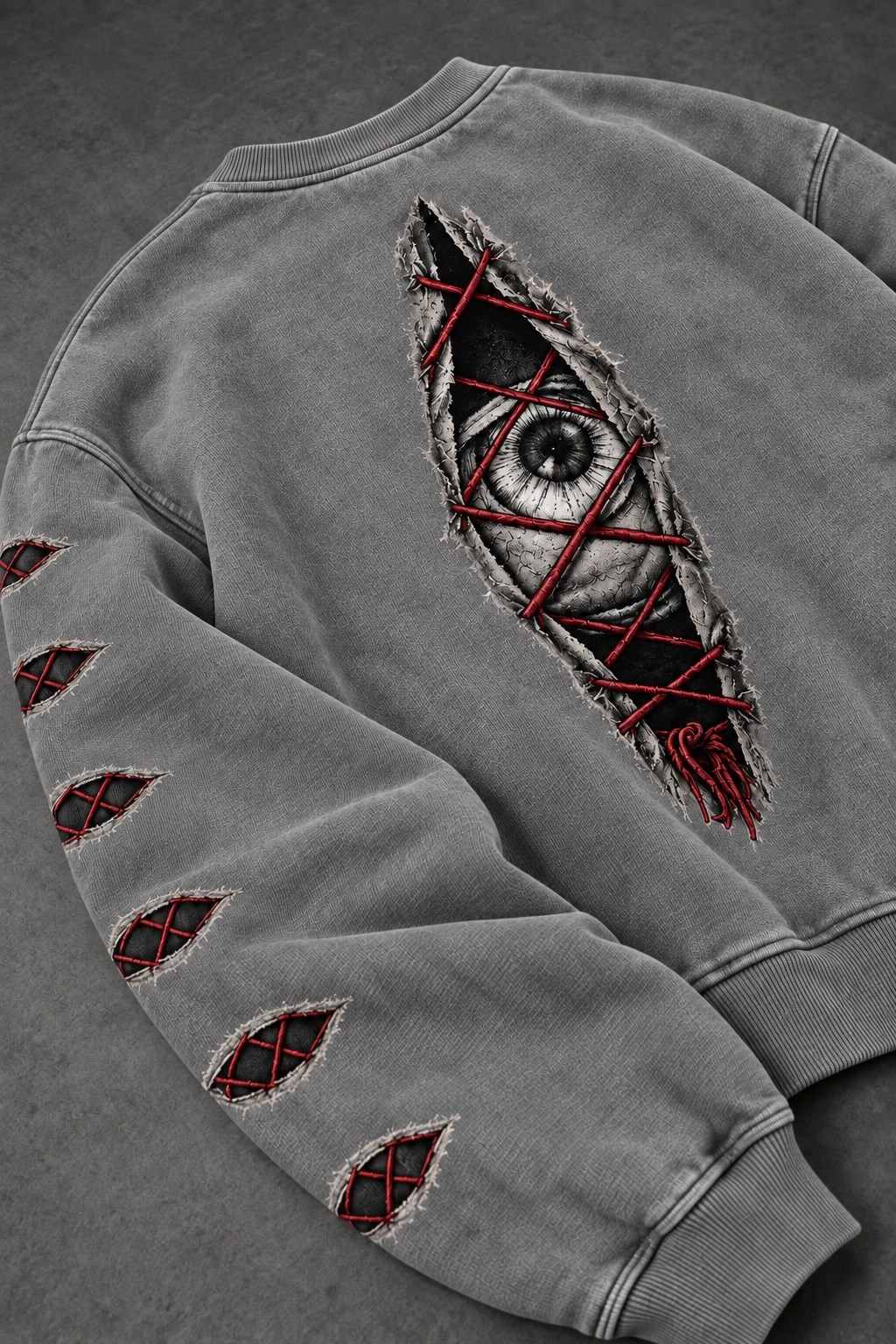 Erkek Gri Eyes Nakış Özel Yıkamalı Oversize Sweatshirt