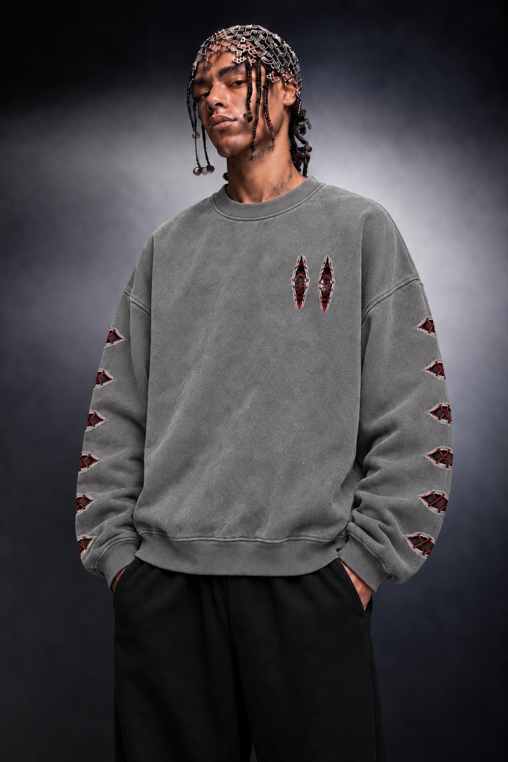 Erkek Gri Eyes Nakış Özel Yıkamalı Oversize Sweatshirt