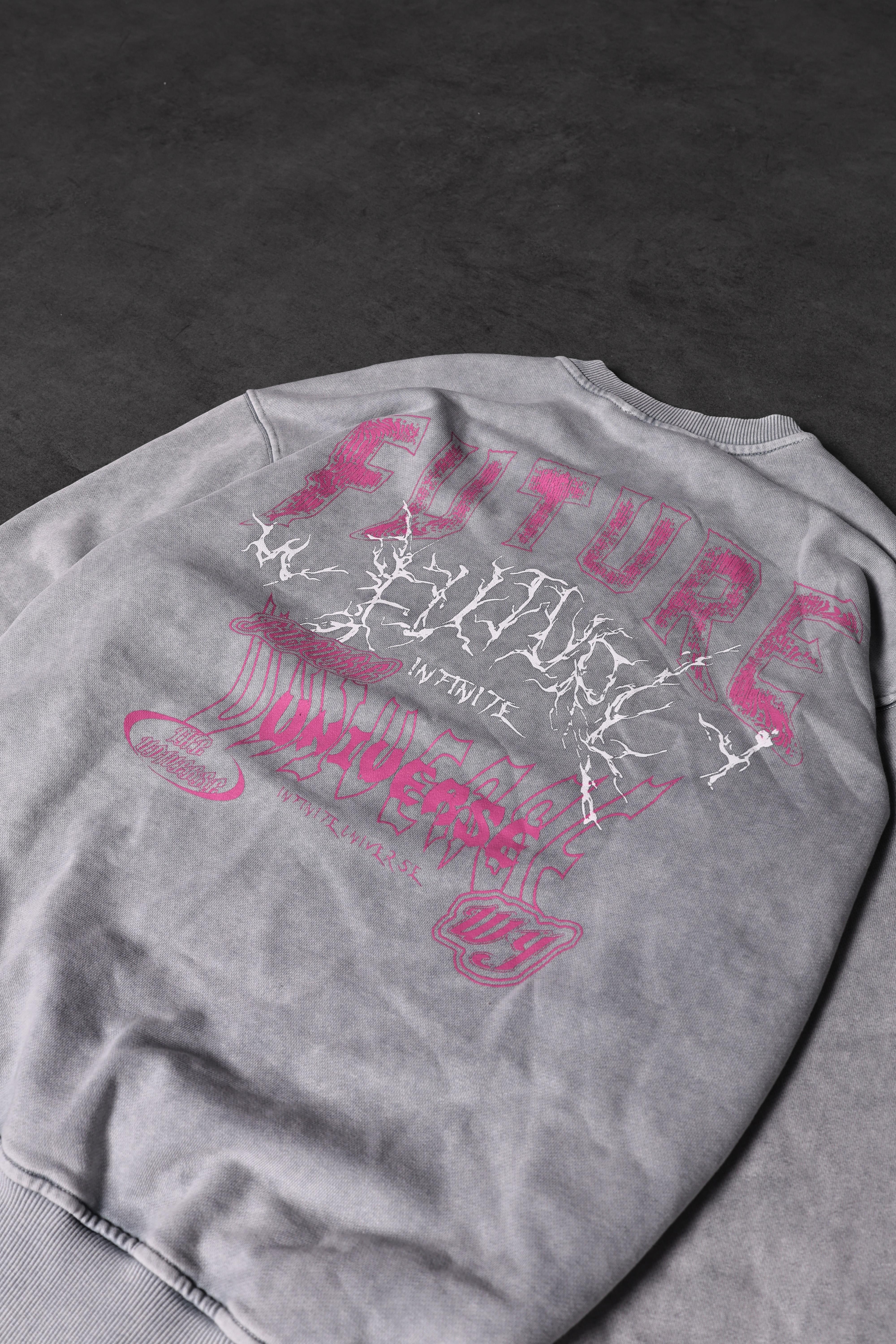 Erkek Gri Future Yıkamalı Baskılı Oversize Sweatshirt