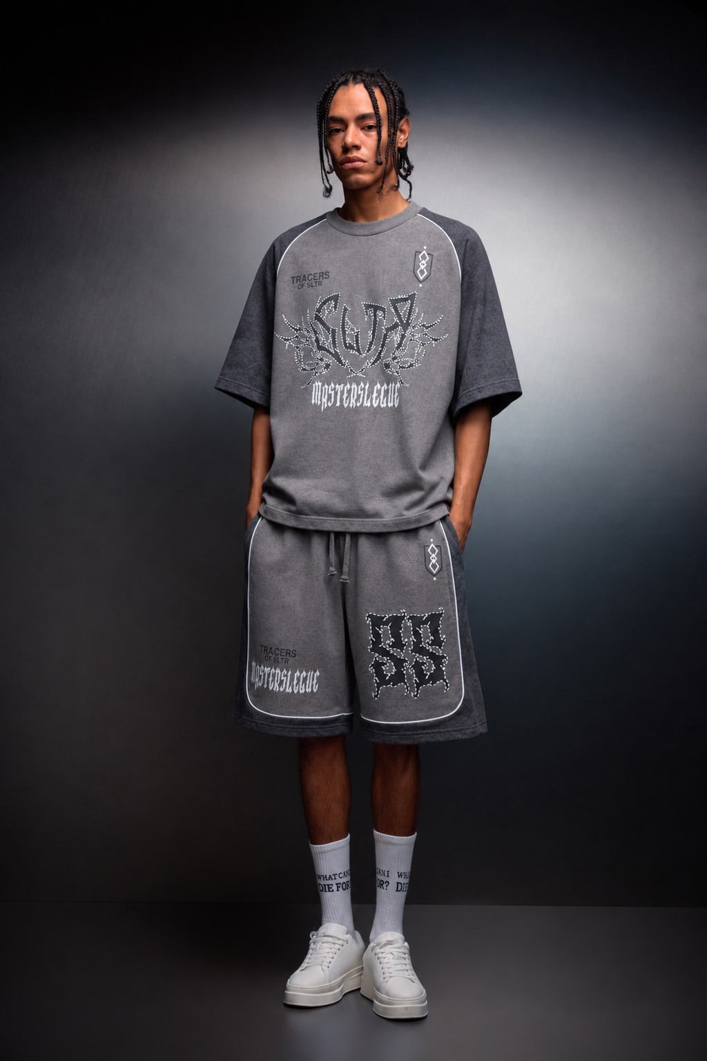 Erkek Gri Masters Baskılı Yıkama Efektli Oversize Tshirt