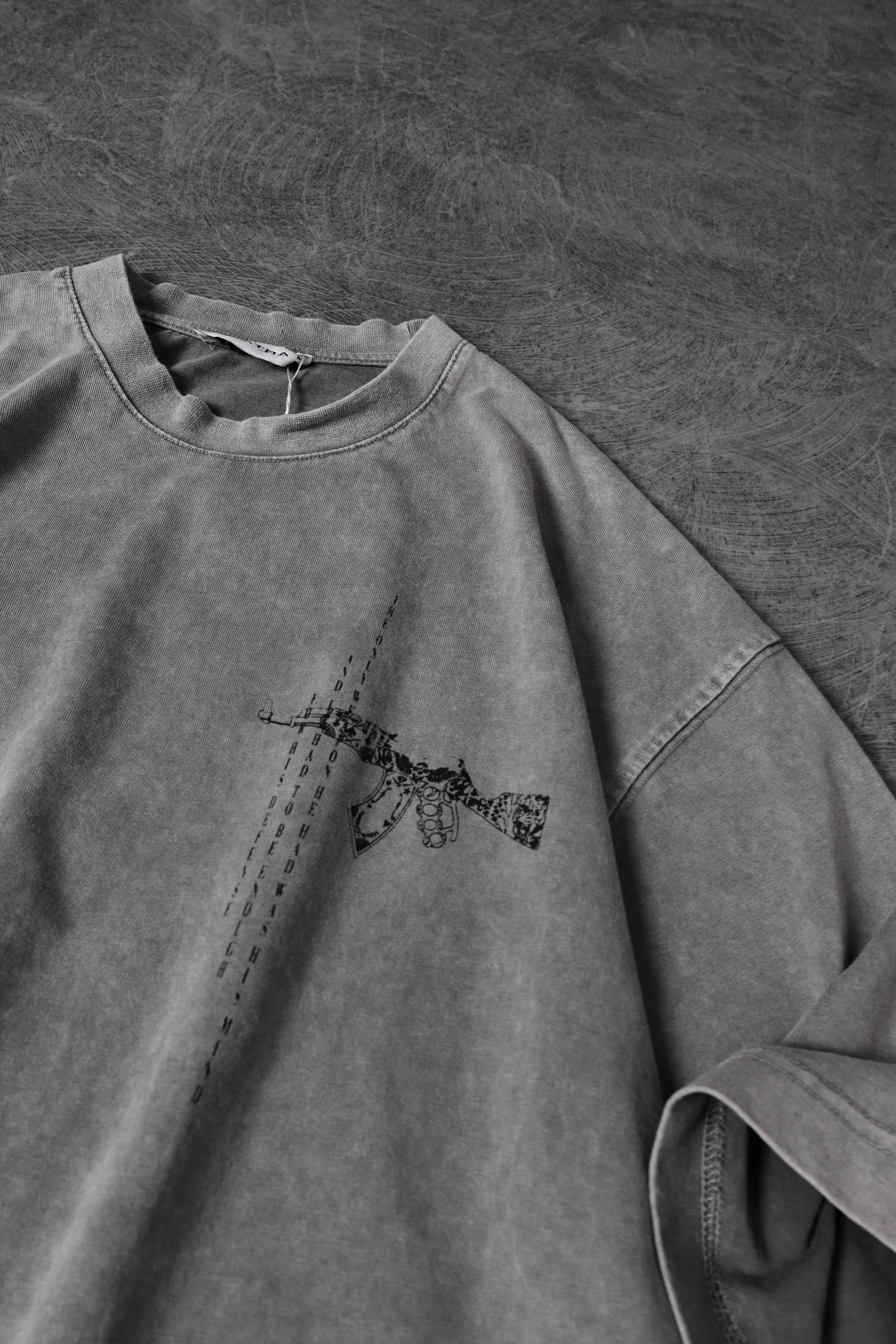 Erkek Gri S-47 Özel Yıkamalı Kumaş Oversize Tshirt