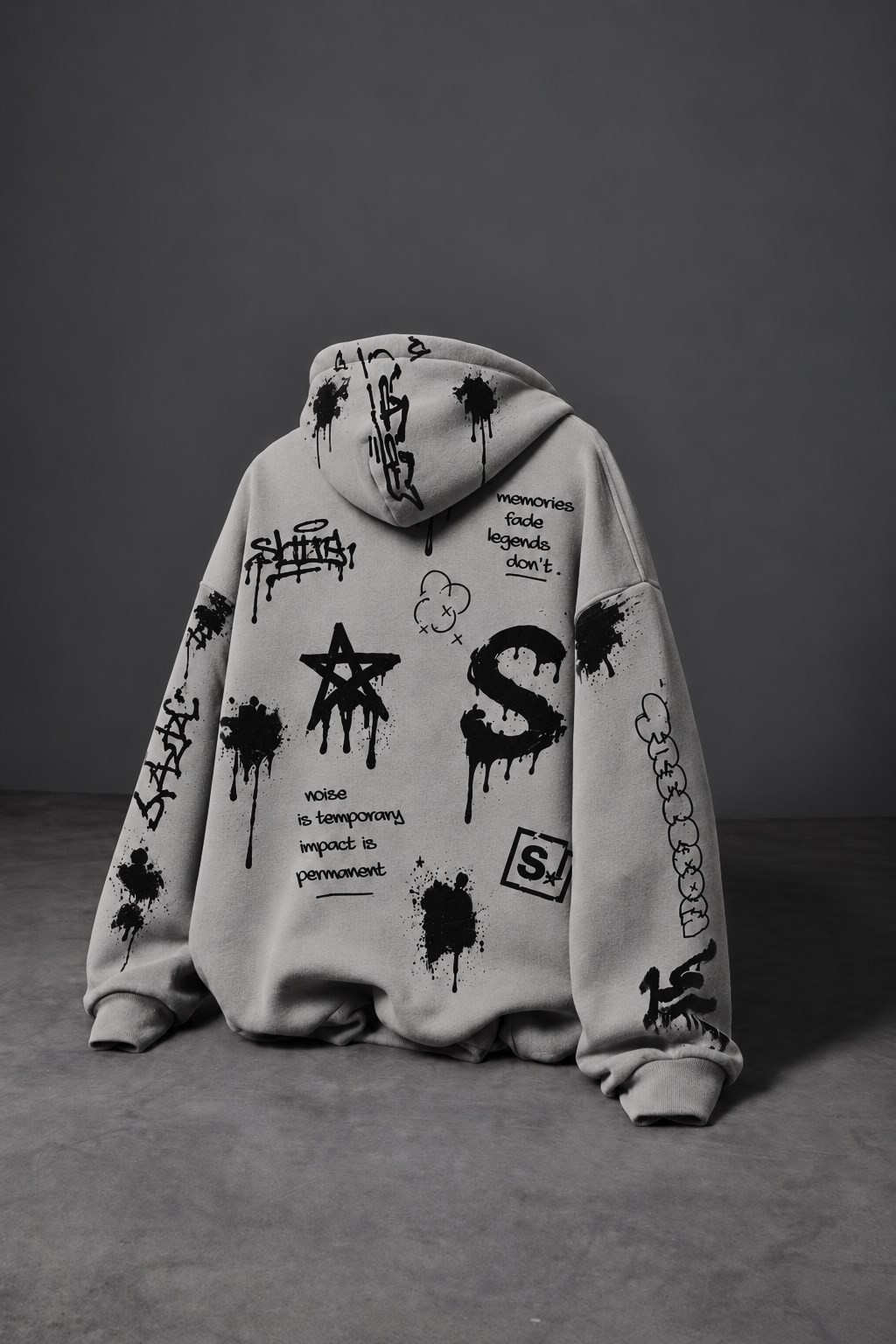 Erkek Gri S Grafiti Oversize Hoodie