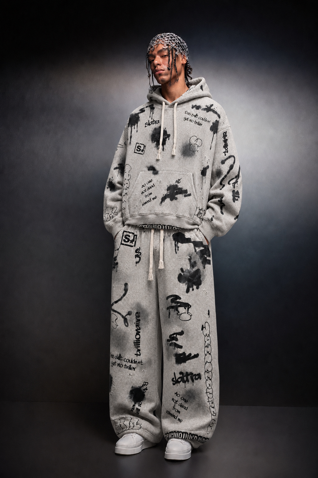 Erkek Gri S Grafiti Oversize Hoodie