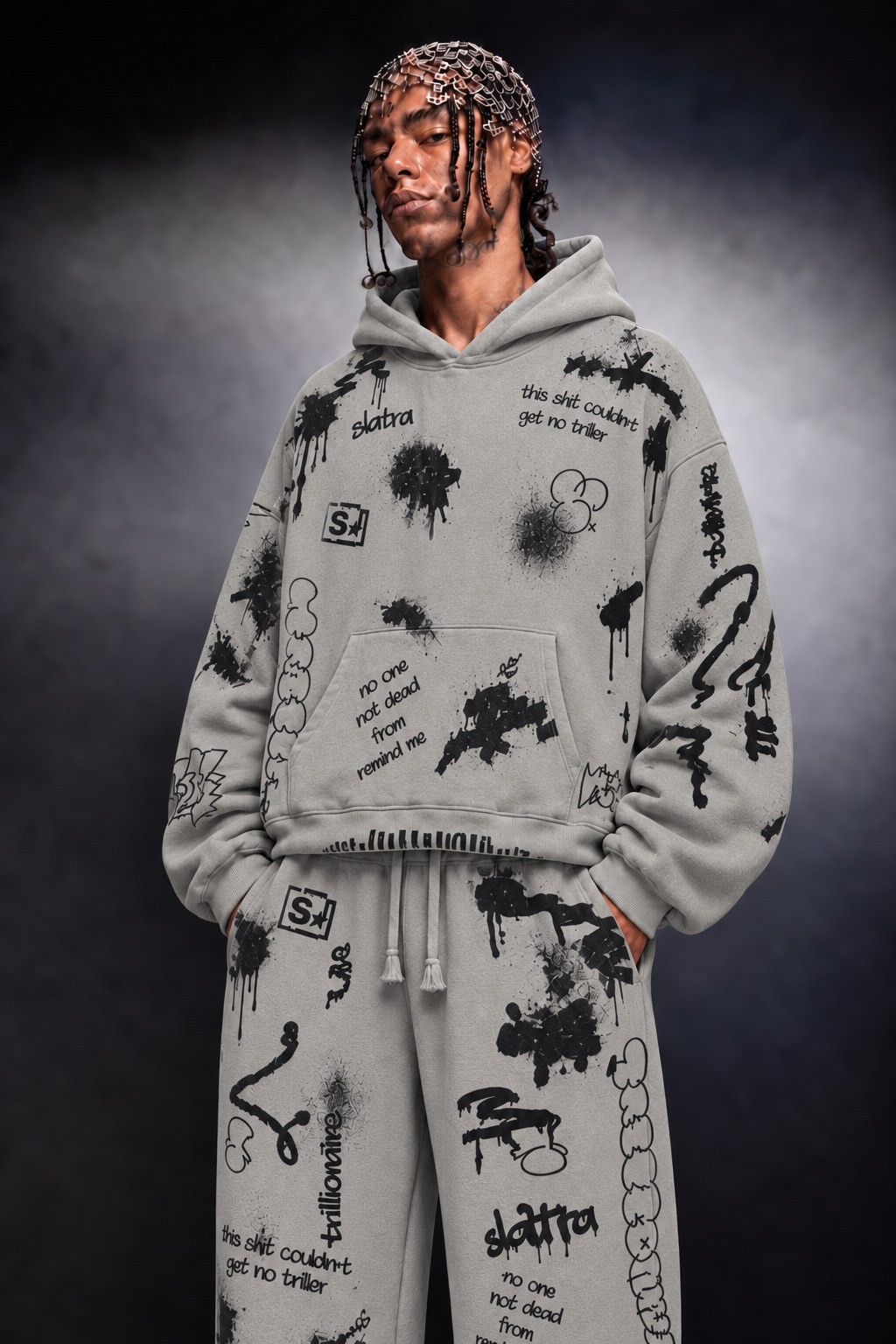 Erkek Gri S Grafiti Oversize Hoodie