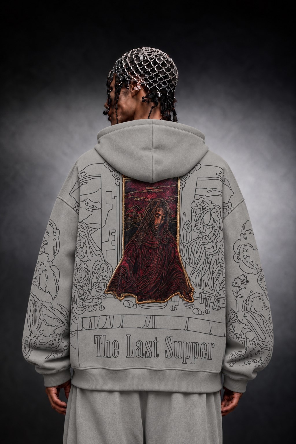 Erkek Gri Sanctum Kadife Patch Oversize Hoodie