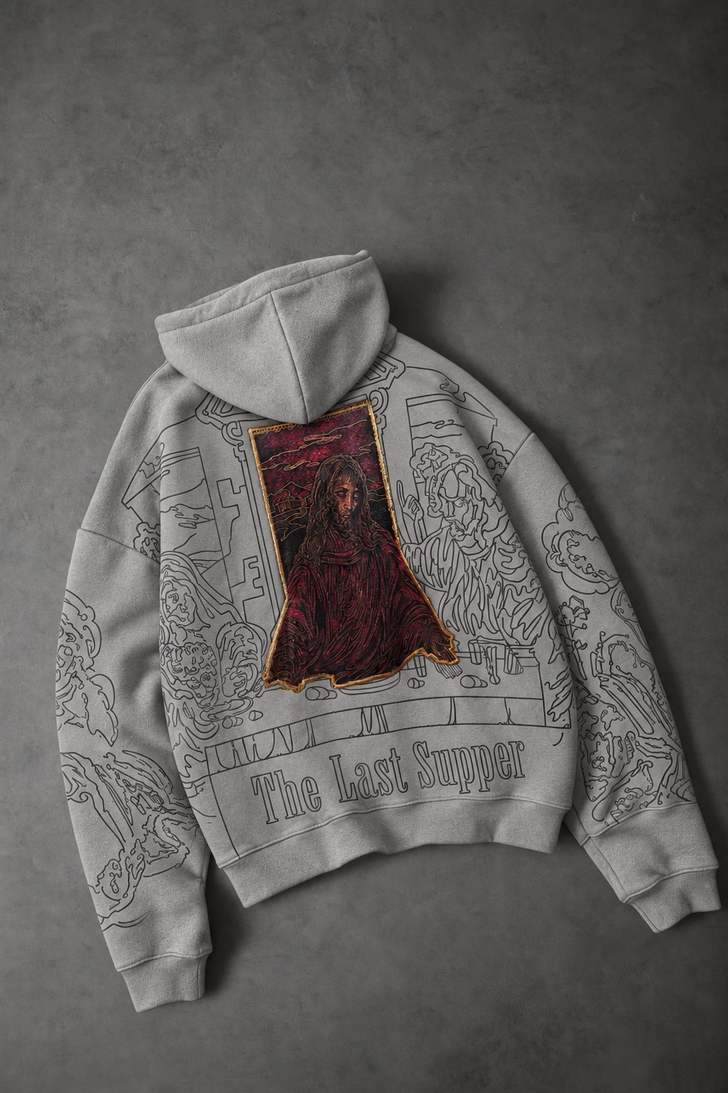 Erkek Gri Sanctum Kadife Patch Oversize Hoodie