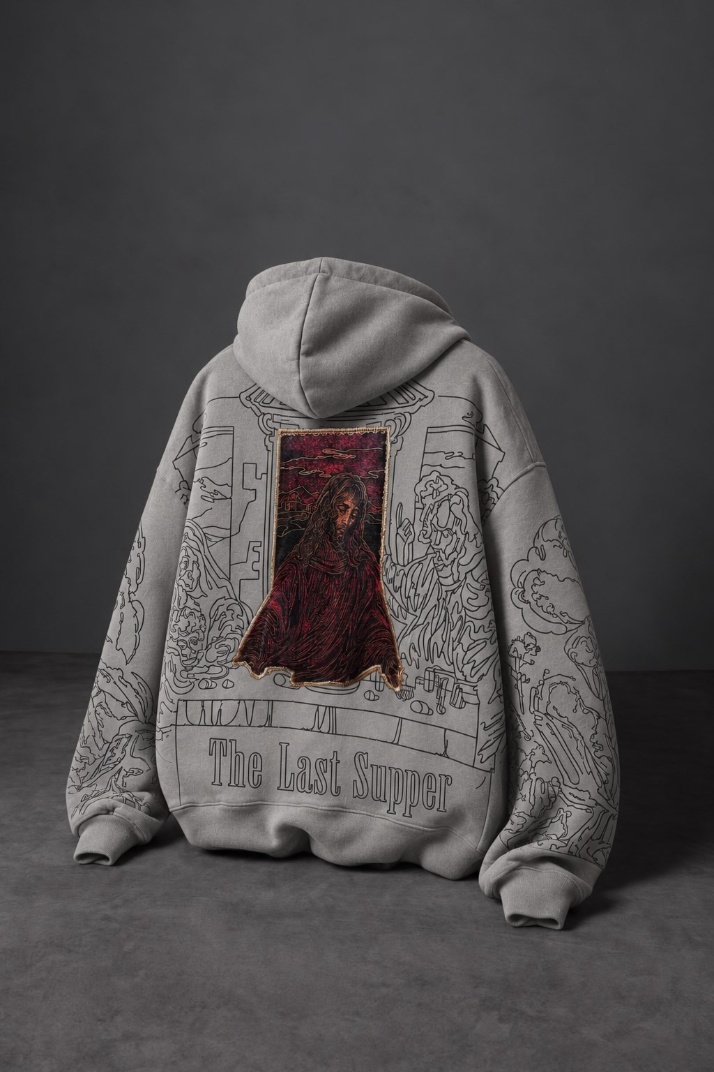 Erkek Gri Sanctum Kadife Patch Oversize Hoodie