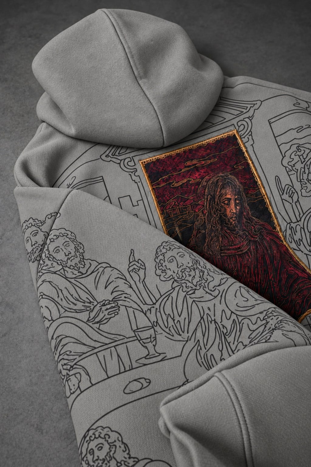 Erkek Gri Sanctum Kadife Patch Oversize Hoodie