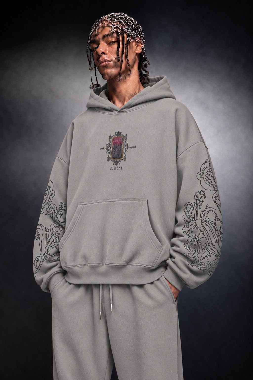 Erkek Gri Sanctum Kadife Patch Oversize Hoodie