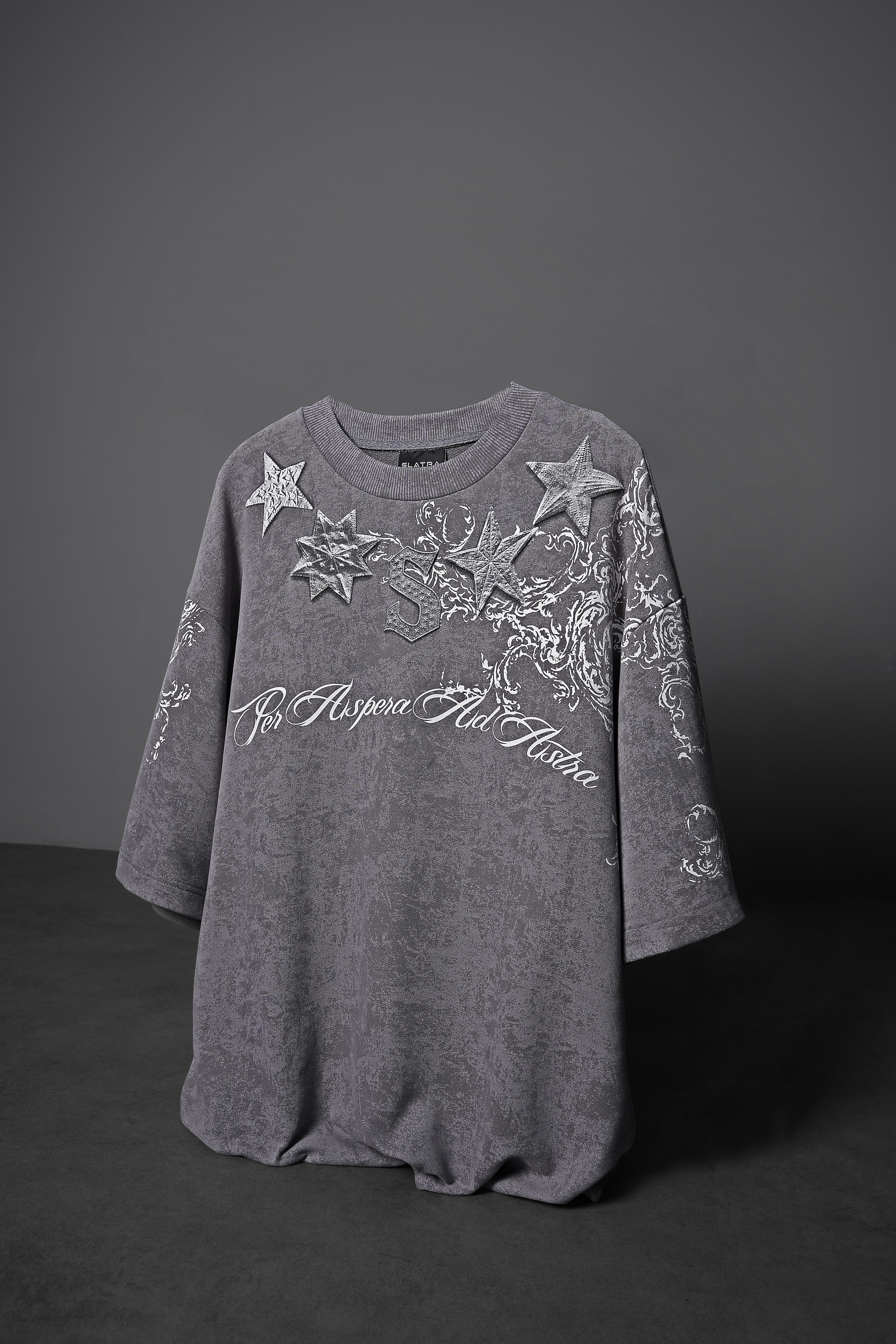 Erkek Gri SuperStar Baskılı Oversize Yıkama Efektli Tshirt