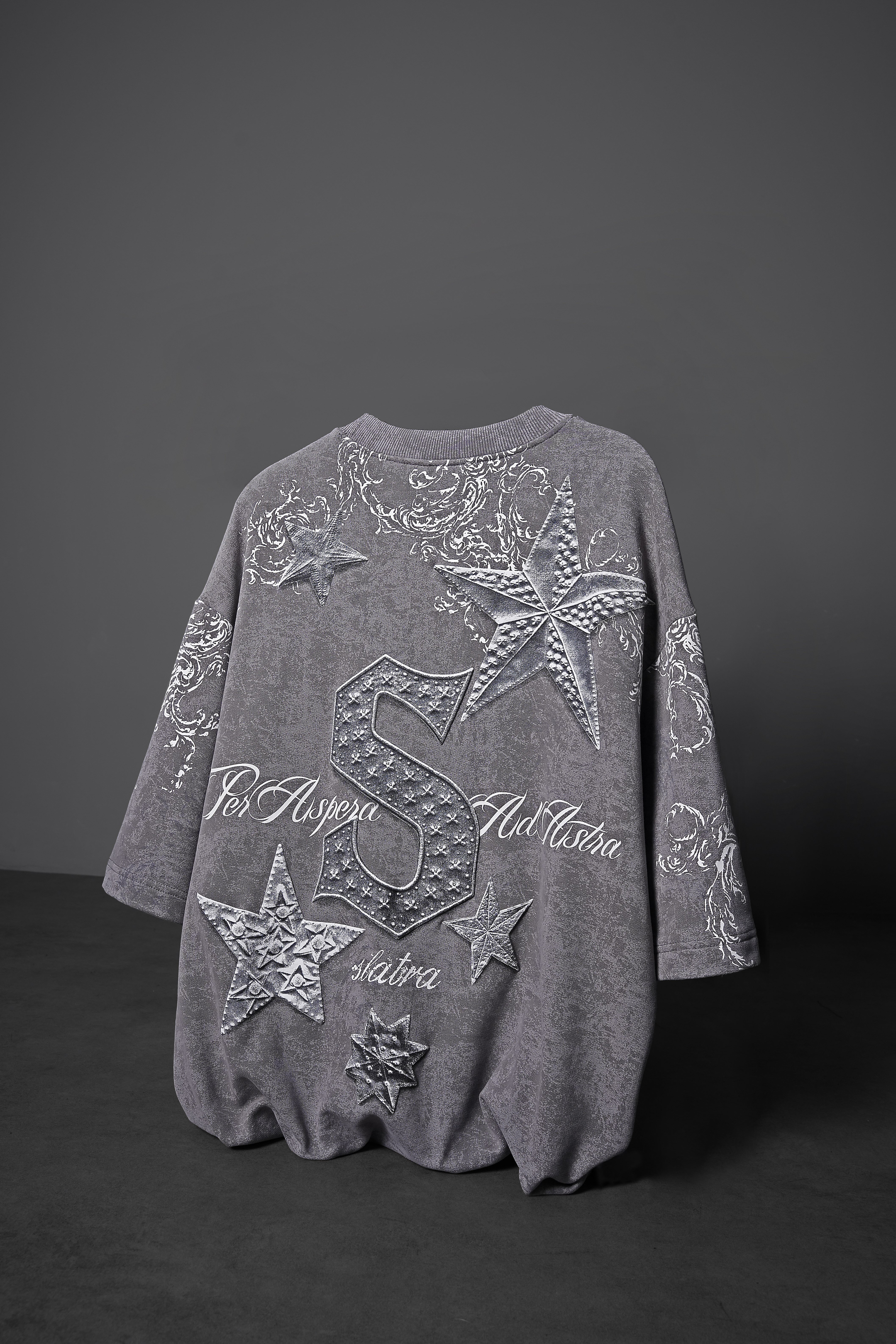 Erkek Gri SuperStar Baskılı Oversize Yıkama Efektli Tshirt