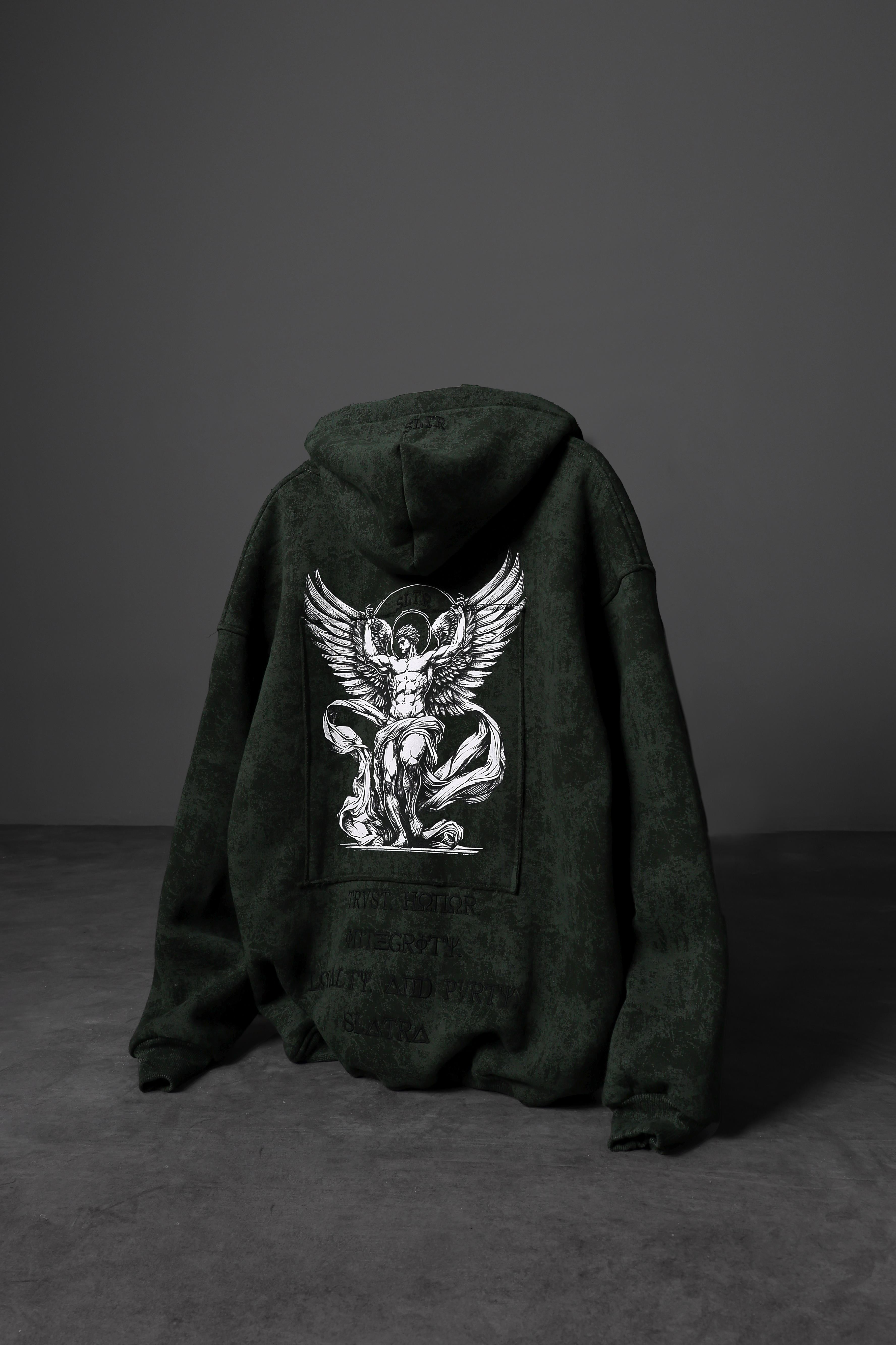 Erkek Haki Antik Desen Nakışlı Yıkamalı Oversize Kapüşonlu Sweatshirt