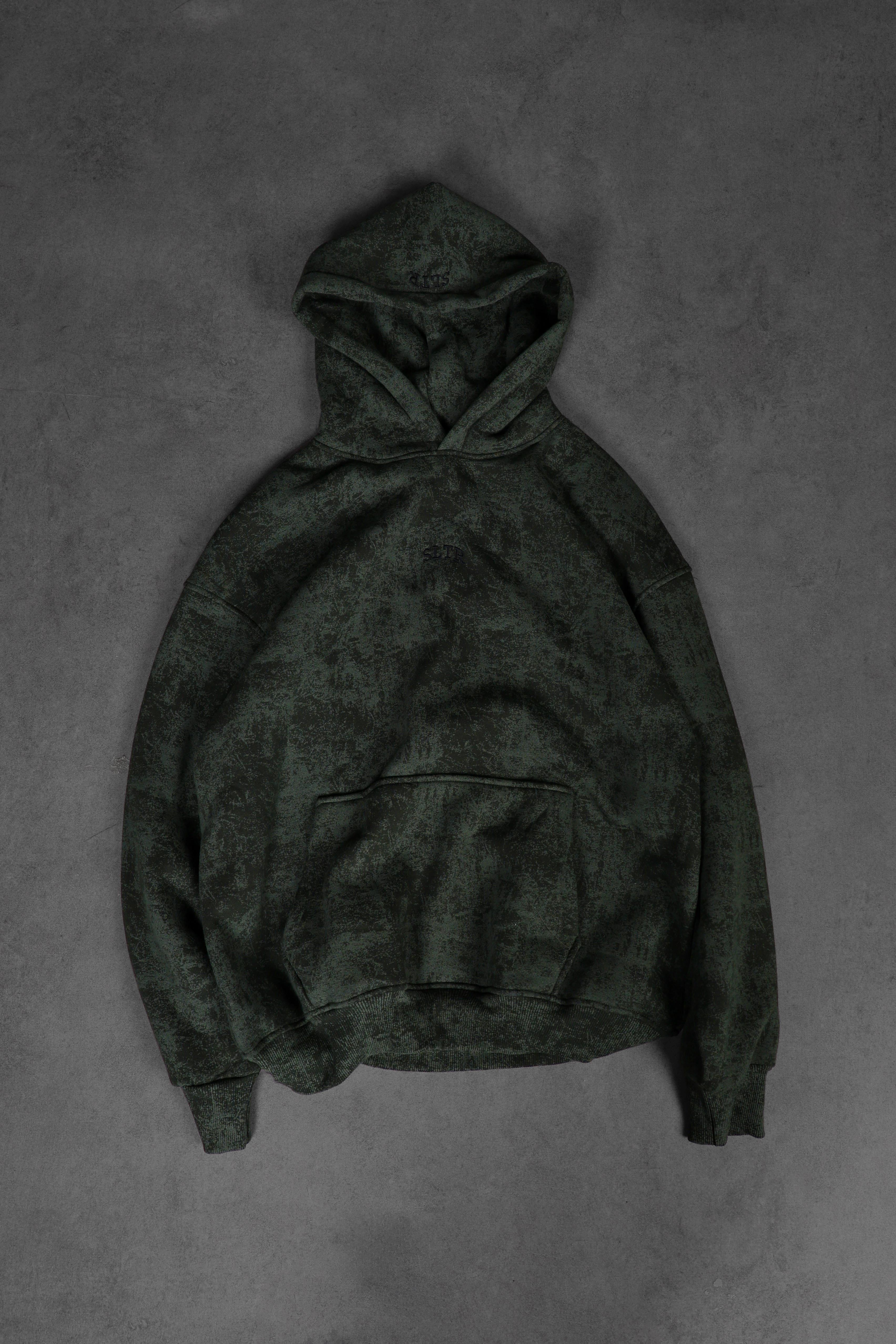 Erkek Haki Antik Desen Nakışlı Yıkamalı Oversize Kapüşonlu Sweatshirt