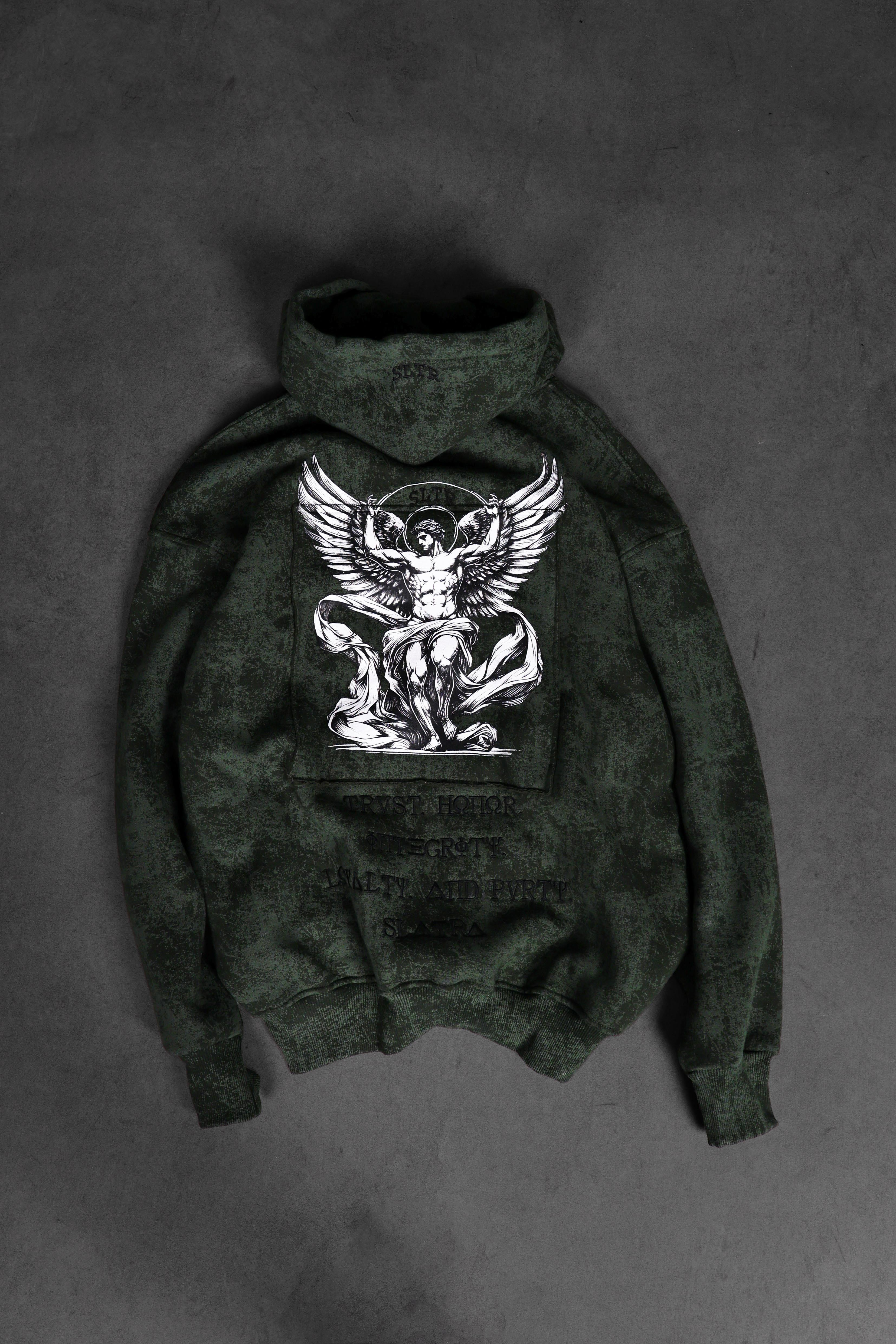 Erkek Haki Antik Desen Nakışlı Yıkamalı Oversize Kapüşonlu Sweatshirt