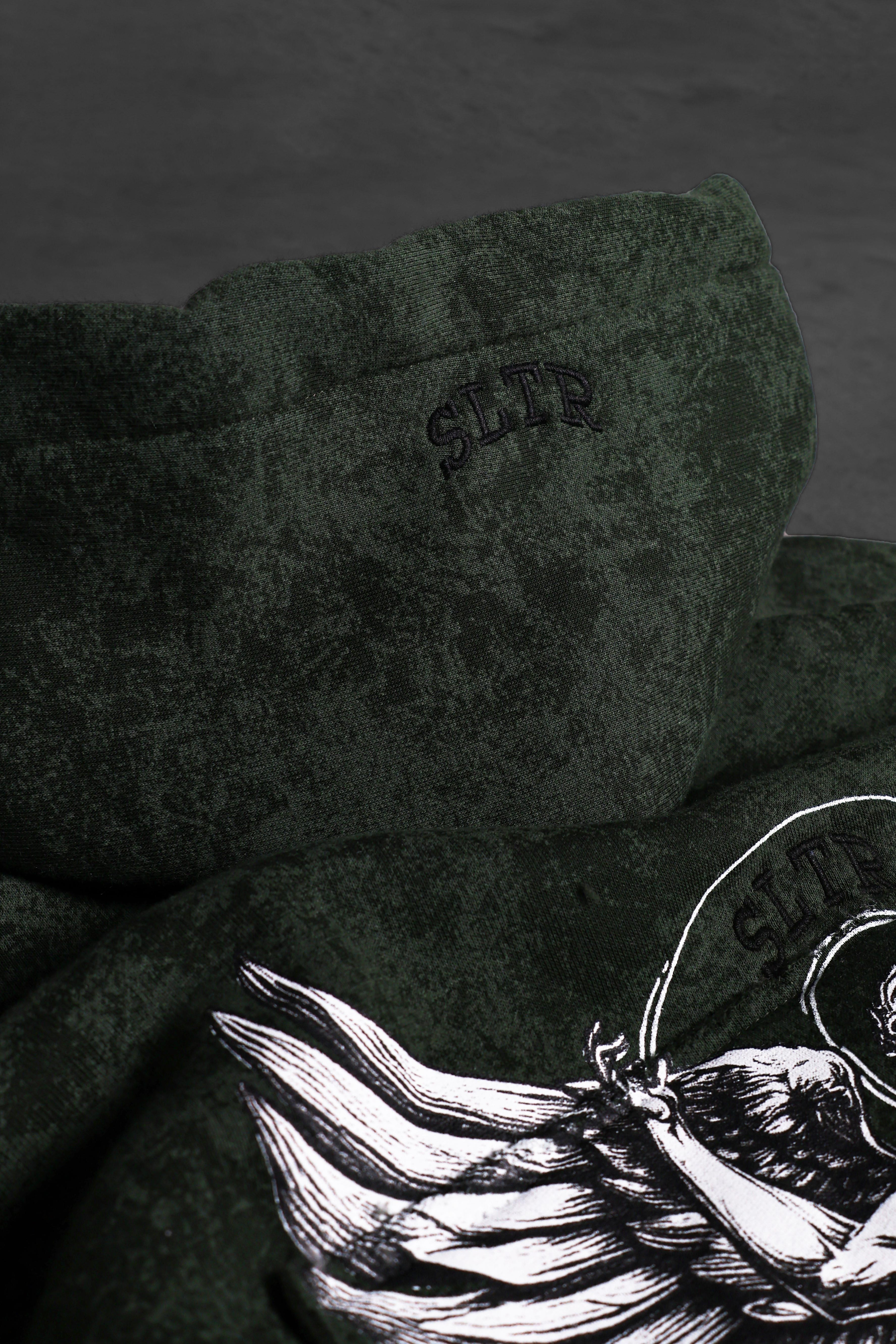 Erkek Haki Antik Desen Nakışlı Yıkamalı Oversize Kapüşonlu Sweatshirt