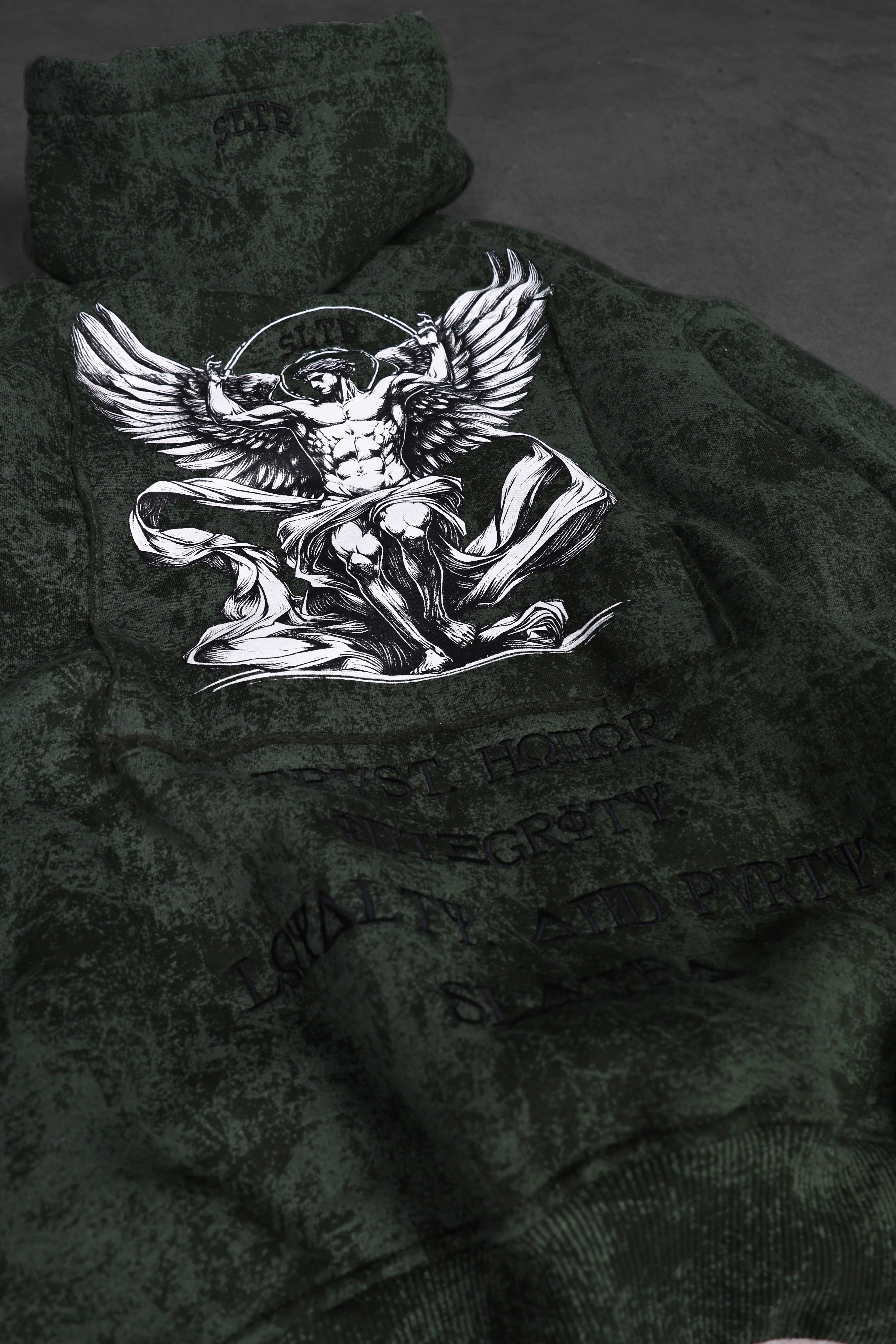 Erkek Haki Antik Desen Nakışlı Yıkamalı Oversize Kapüşonlu Sweatshirt